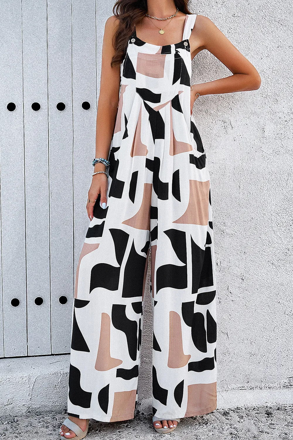 🌊 Printed Wide Strap Jumpsuit with Pockets 🌊