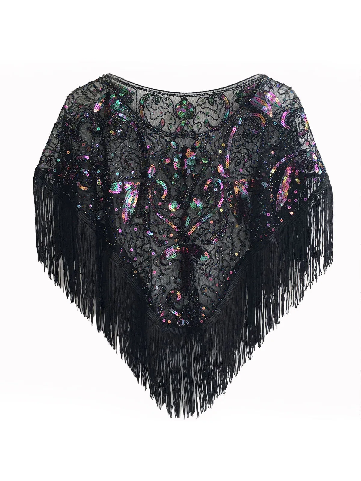 1920s Crew Neck Sequined Tassel Cape