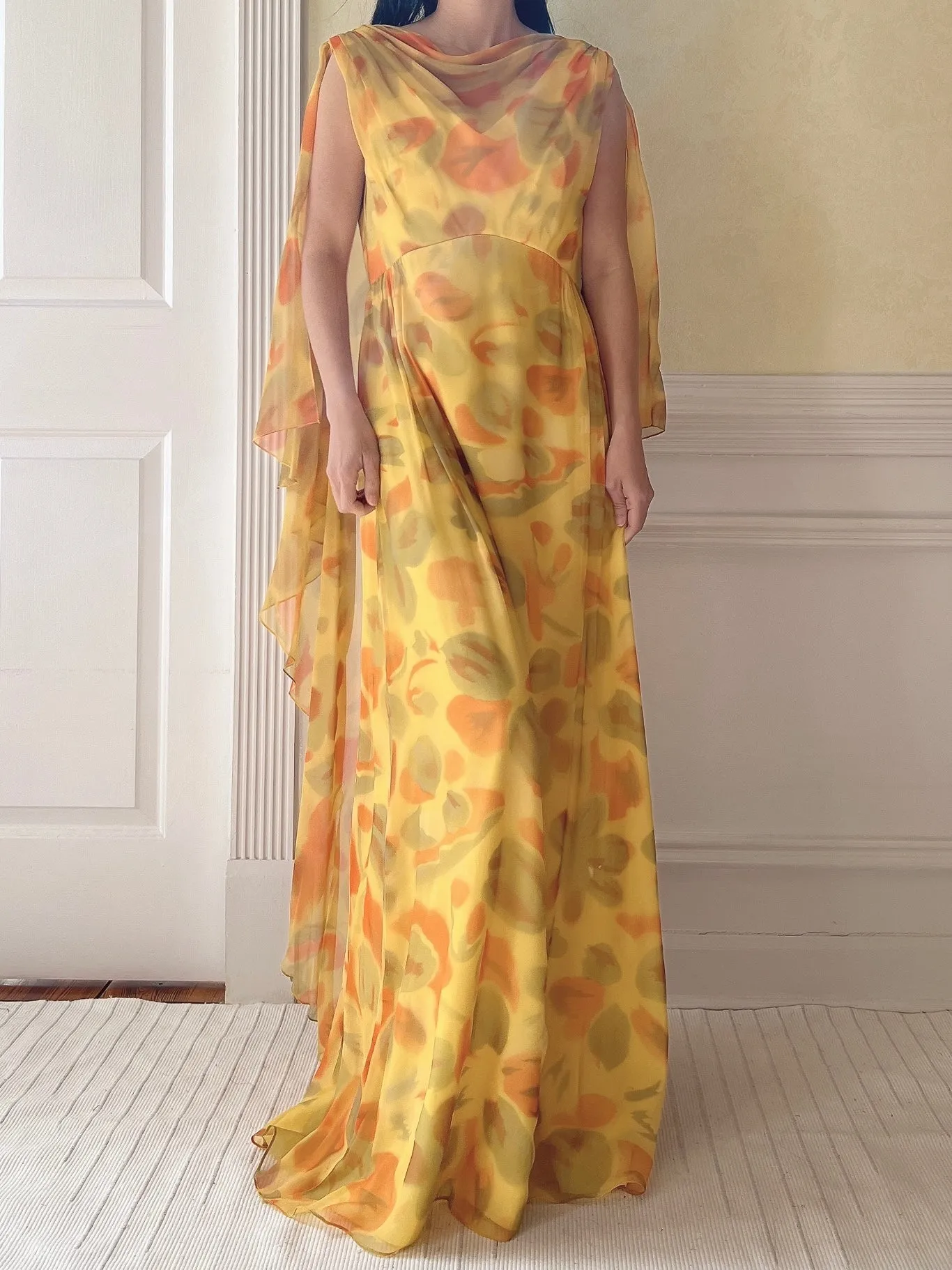 1960s Silk Chiffon Cape Gown - M
