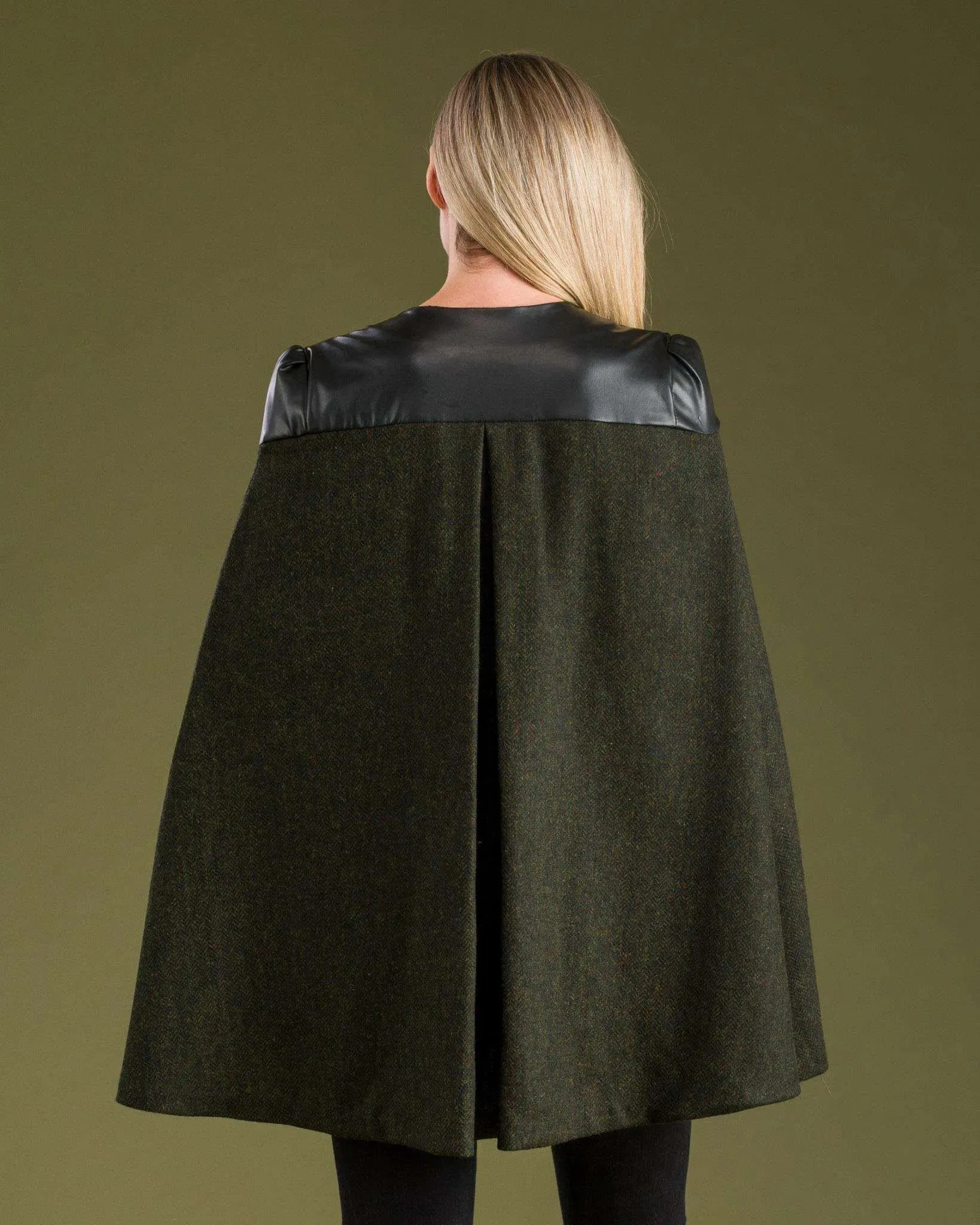 Aisling Tailored Cape - Deep Green Herringbone