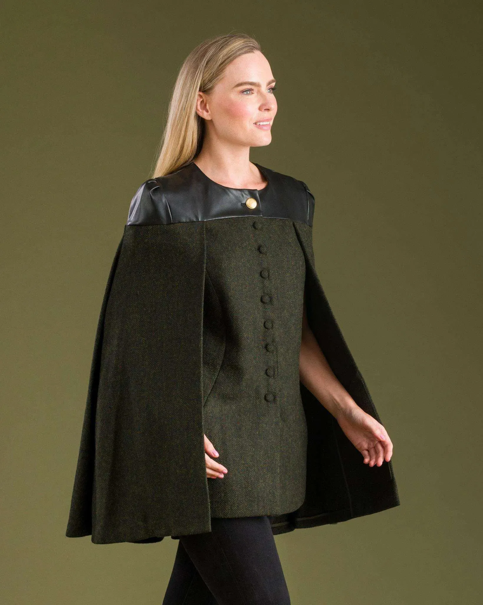 Aisling Tailored Cape - Deep Green Herringbone