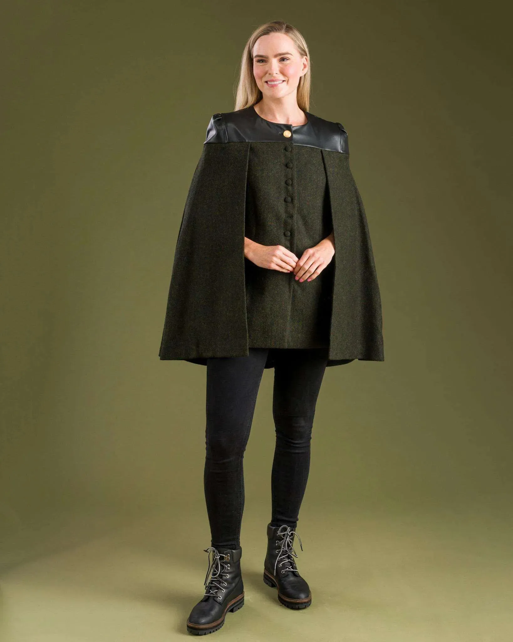 Aisling Tailored Cape - Deep Green Herringbone