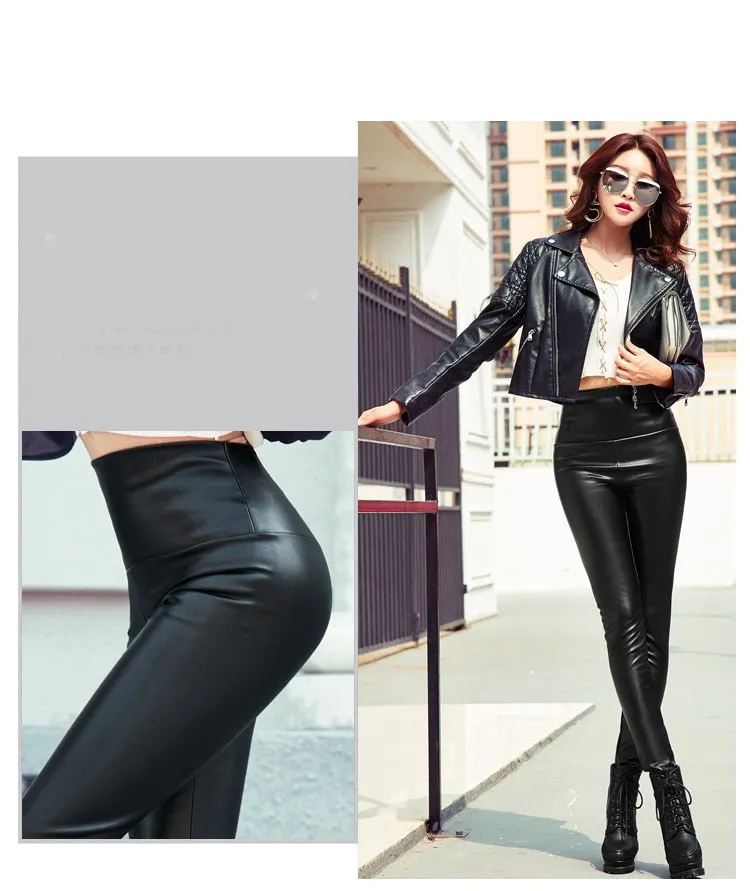 Autumn Winter Women Thin Velvet PU Leather Pants