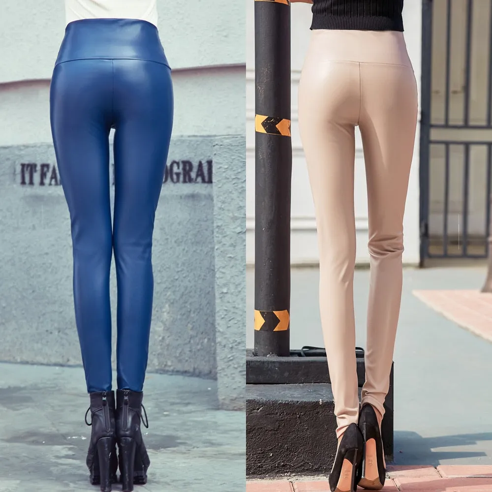 Autumn Winter Women Thin Velvet PU Leather Pants
