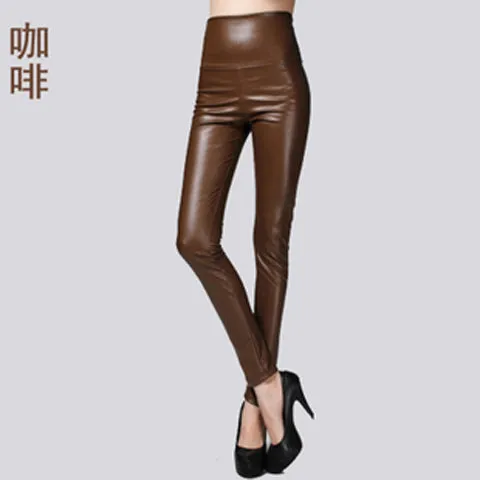 Autumn Winter Women Thin Velvet PU Leather Pants