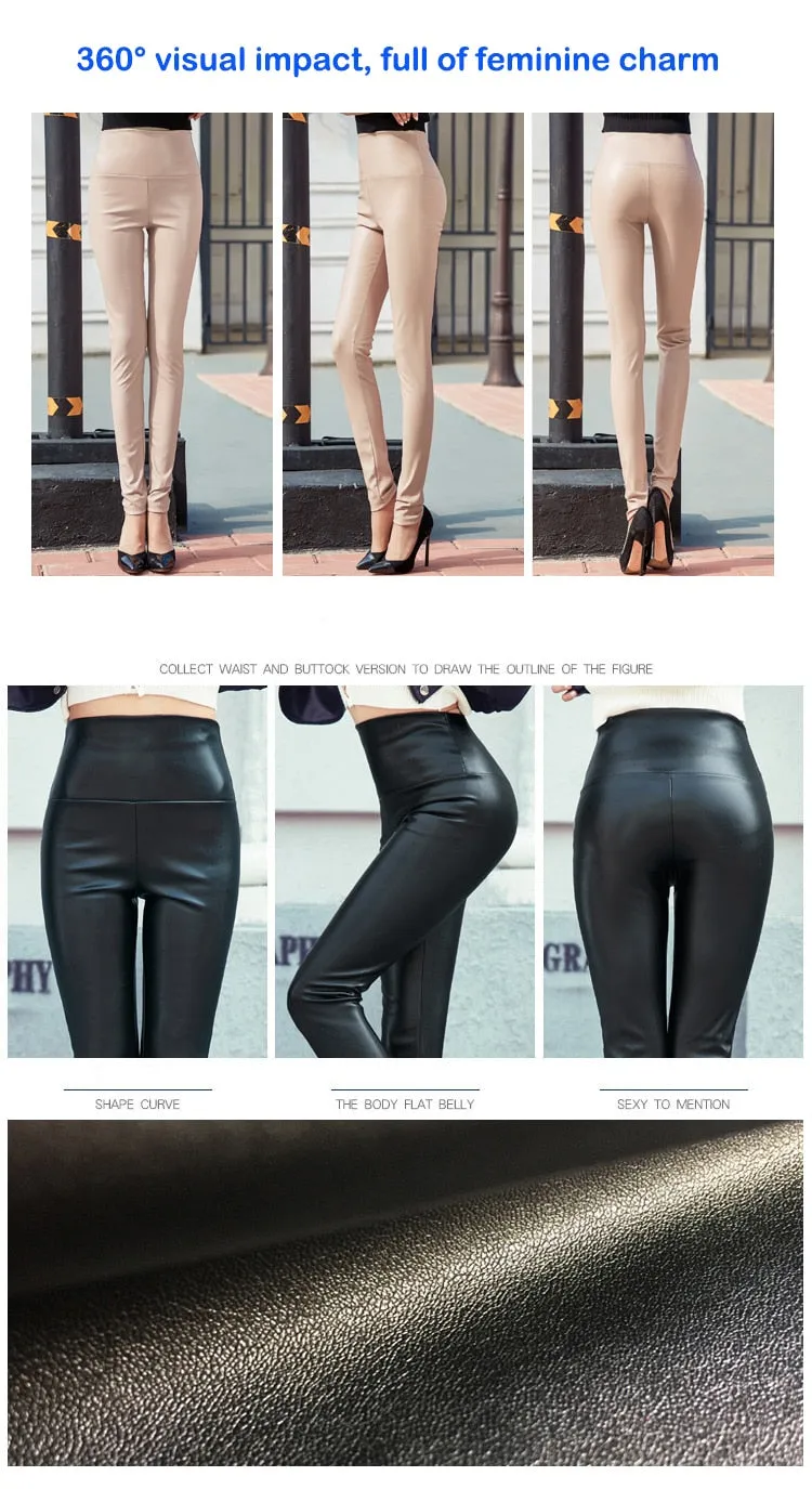 Autumn Winter Women Thin Velvet PU Leather Pants