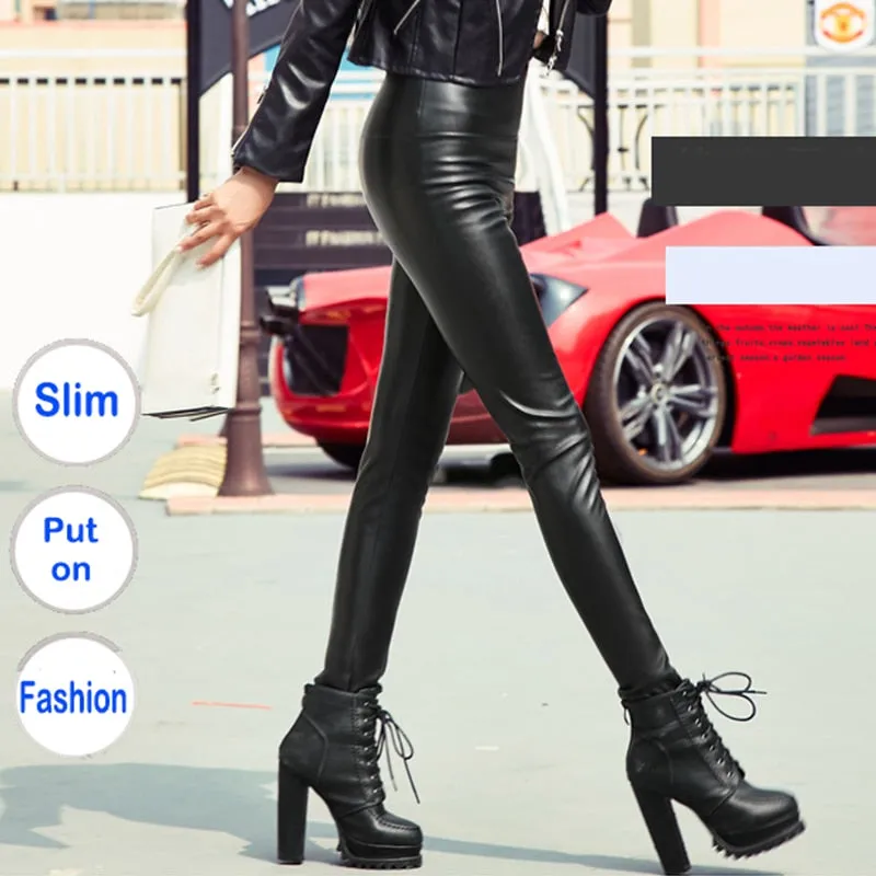 Autumn Winter Women Thin Velvet PU Leather Pants