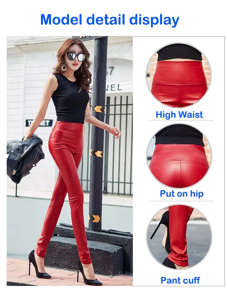 Autumn Winter Women Thin Velvet PU Leather Pants