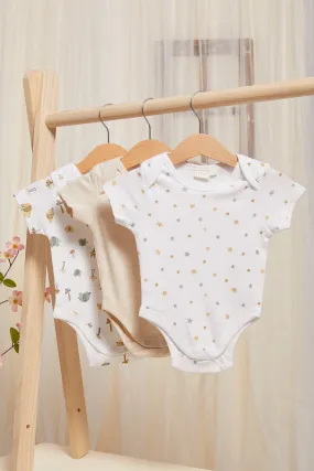 Baby Beige And White Printed Bodysuit Set (Pack Of 3)