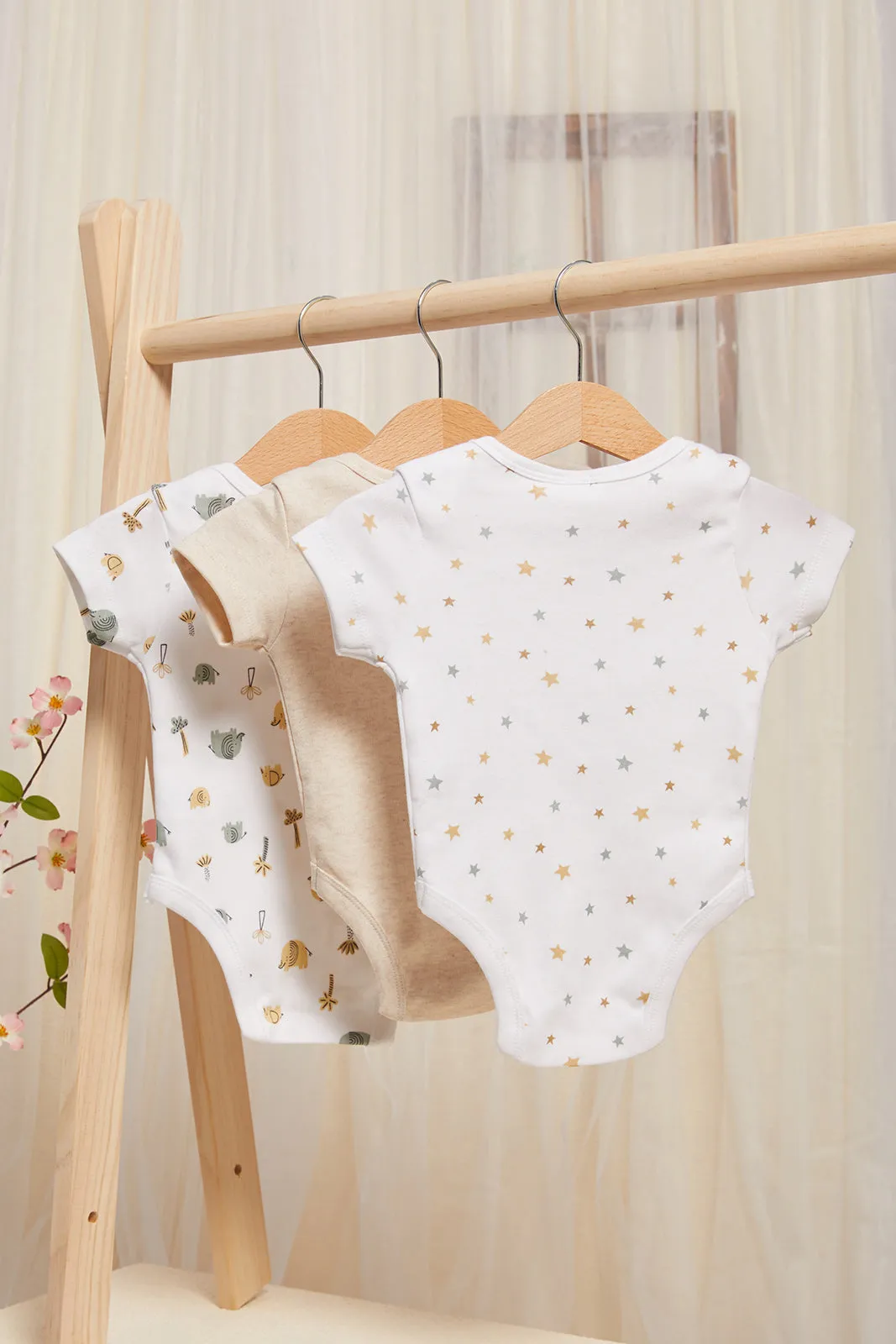 Baby Beige And White Printed Bodysuit Set (Pack Of 3)