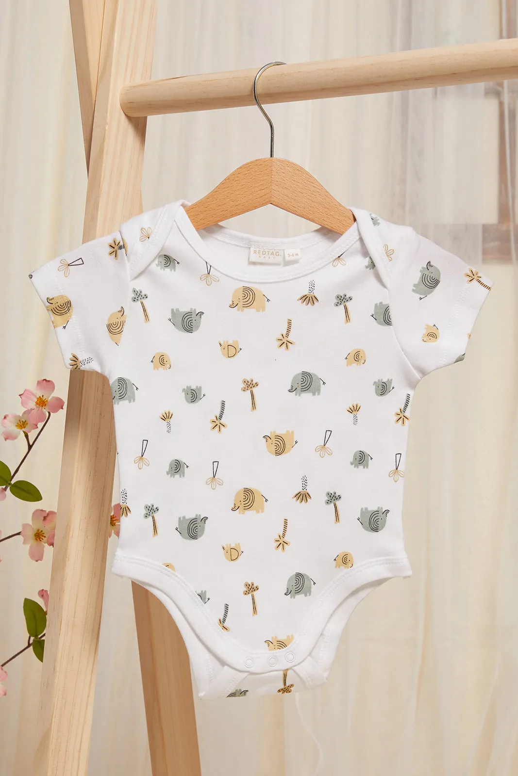 Baby Beige And White Printed Bodysuit Set (Pack Of 3)