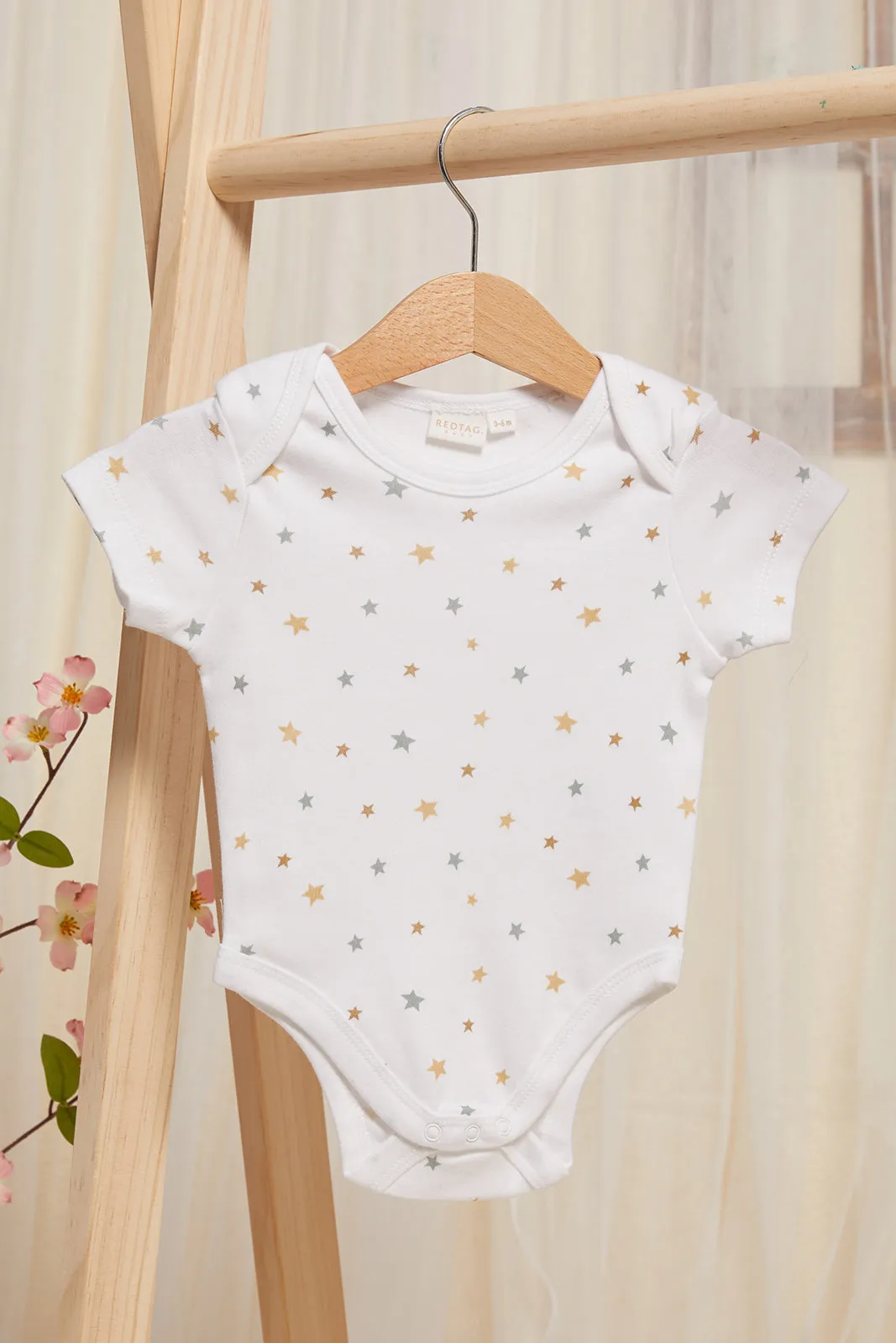Baby Beige And White Printed Bodysuit Set (Pack Of 3)