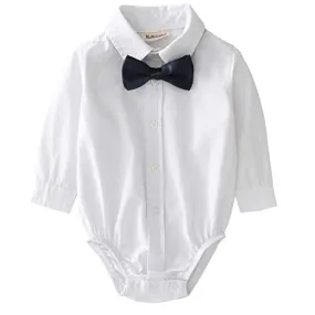 Baby Long Sleeves Woven White Linen Design Bodysuit With Bow