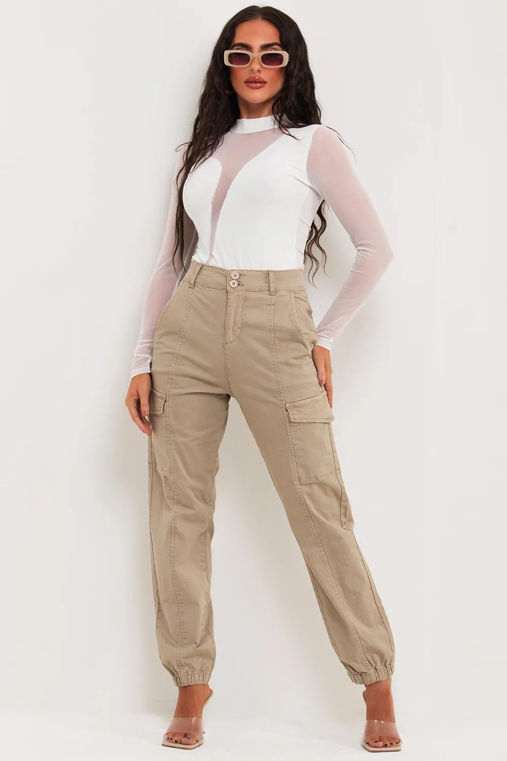 Beige Cuffed Cargo Trousers