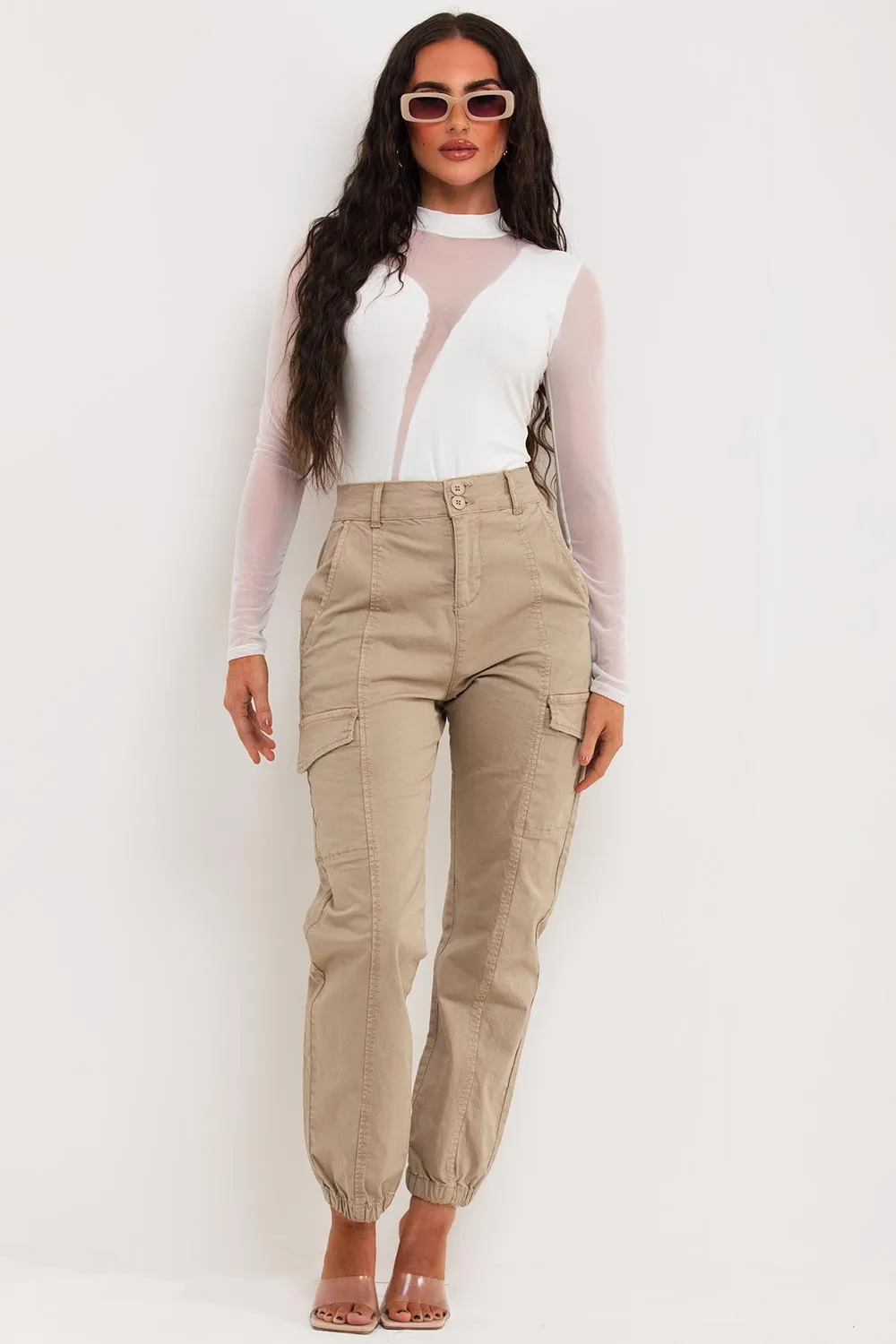 Beige Cuffed Cargo Trousers
