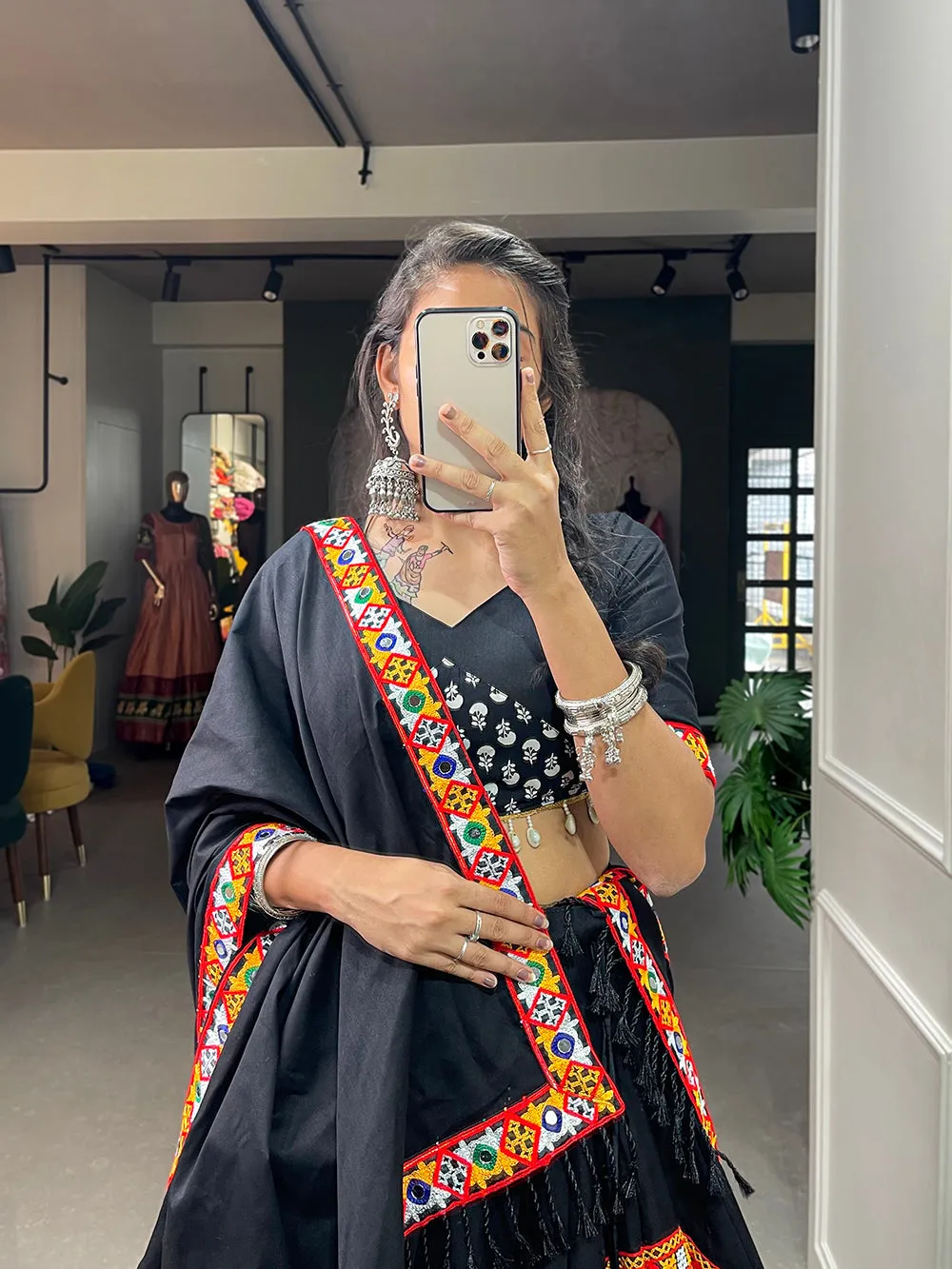 Black Color Printed With Gamthi Work Cotton Lehenga Choli
