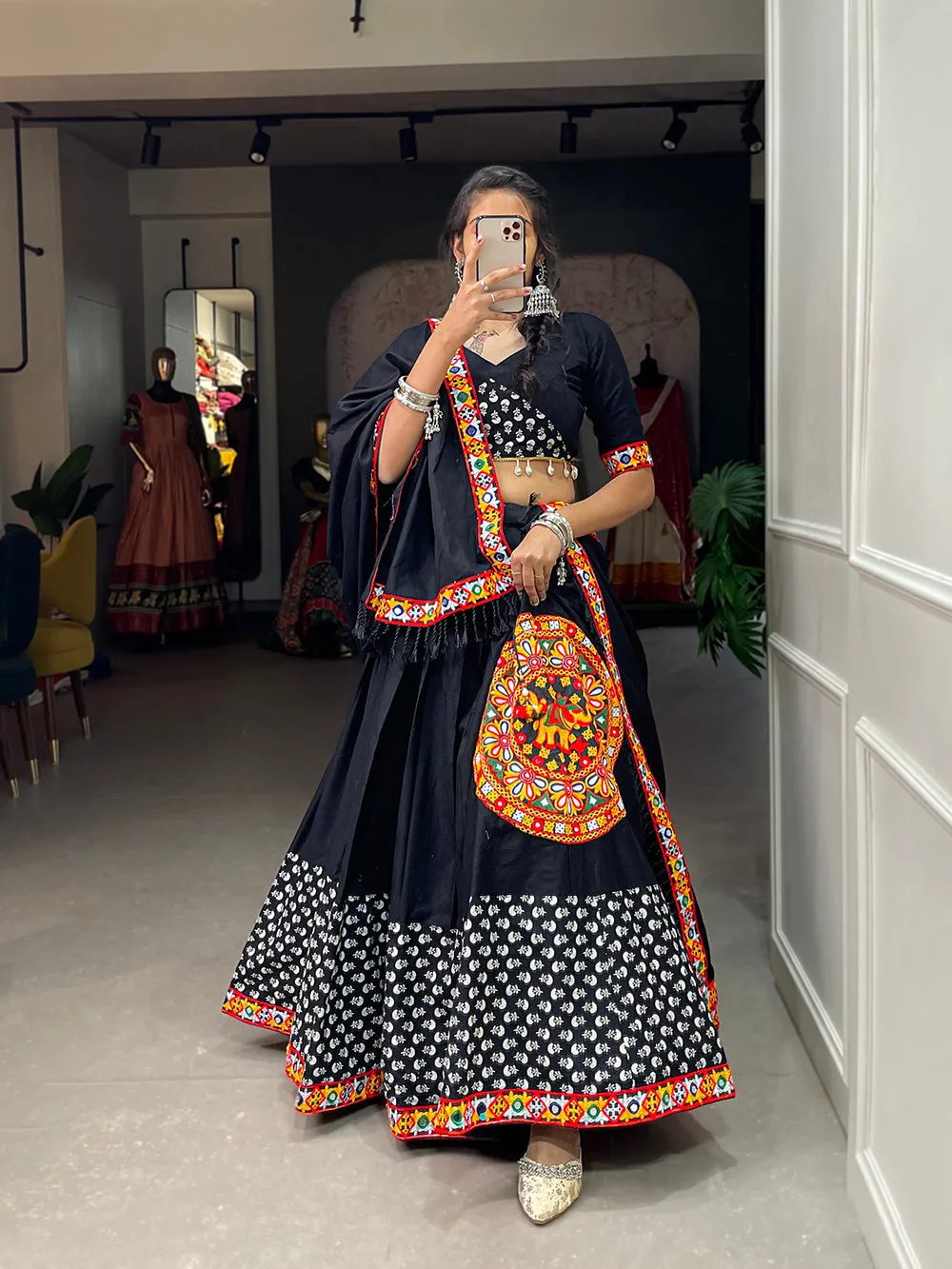 Black Color Printed With Gamthi Work Cotton Lehenga Choli