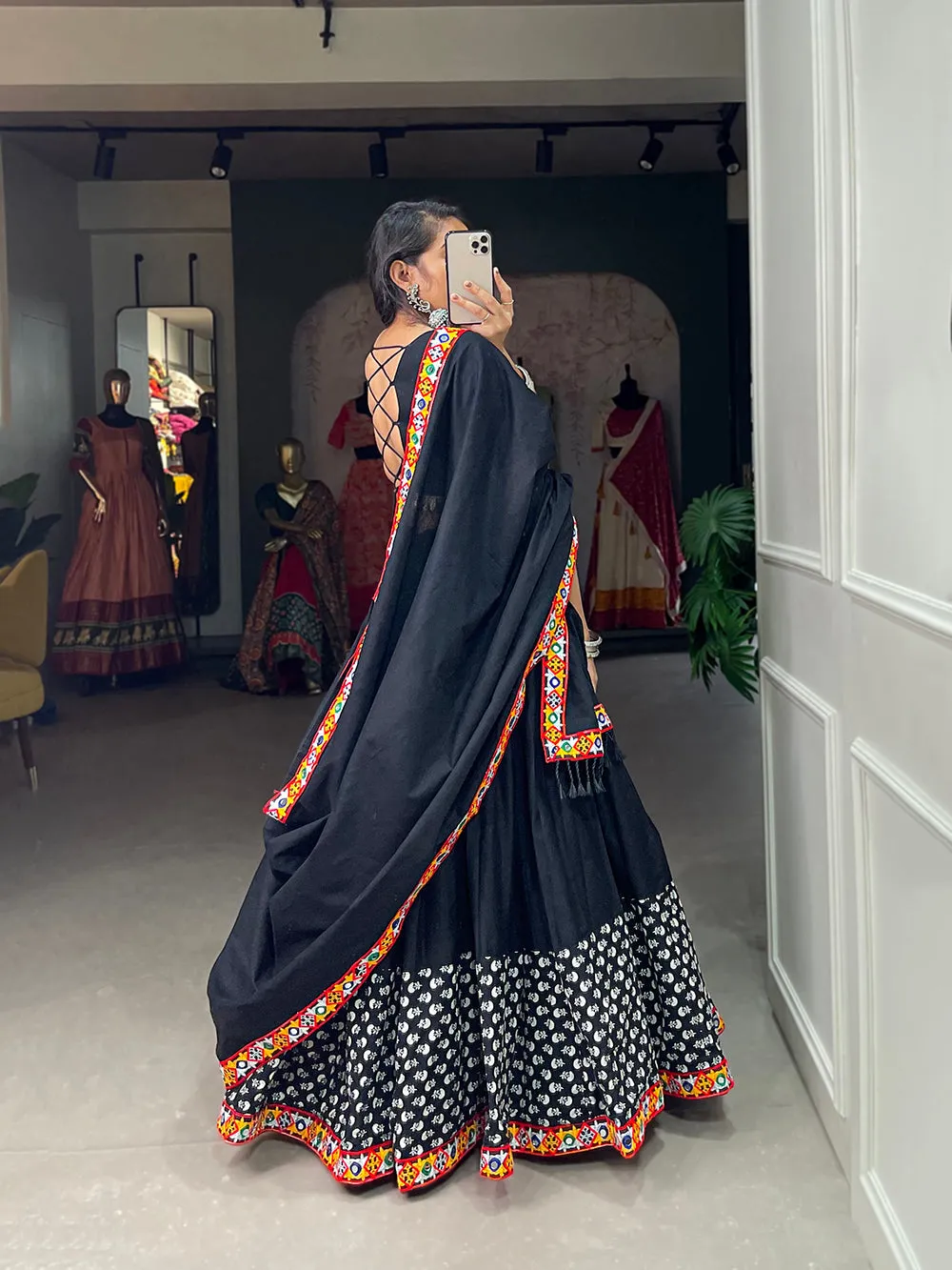 Black Color Printed With Gamthi Work Cotton Lehenga Choli