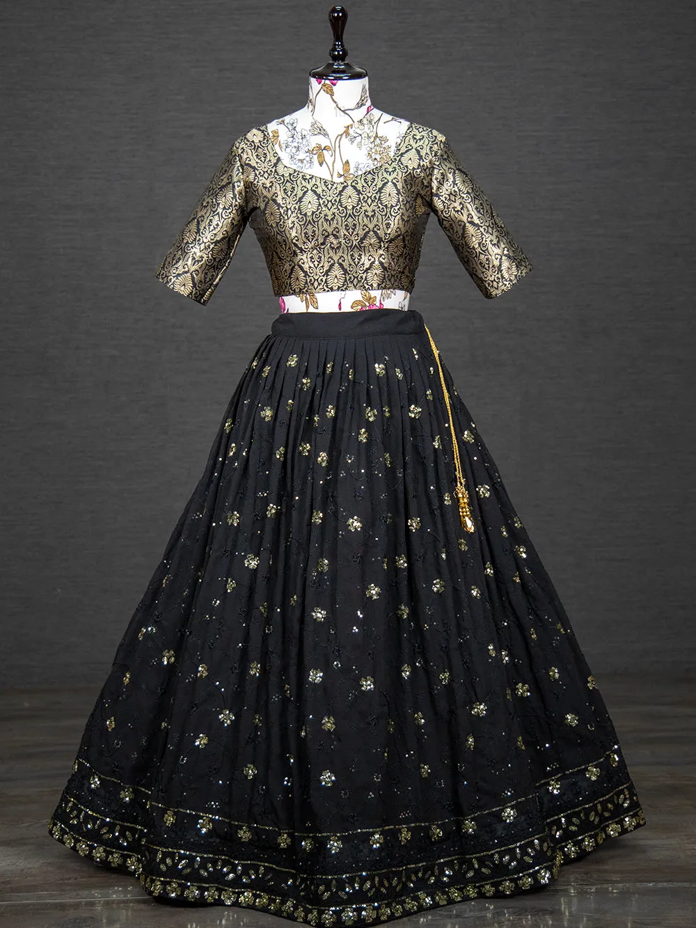 Black Color Sequins And Thread Embroidery Work Georgette Lehenga Choli Set