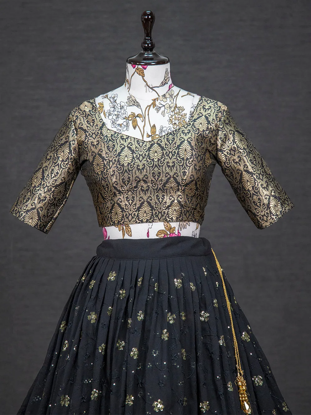 Black Color Sequins And Thread Embroidery Work Georgette Lehenga Choli Set