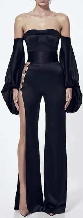 Black Off-the-Shoulder Metal-Hook-Embellished Jumpsuit