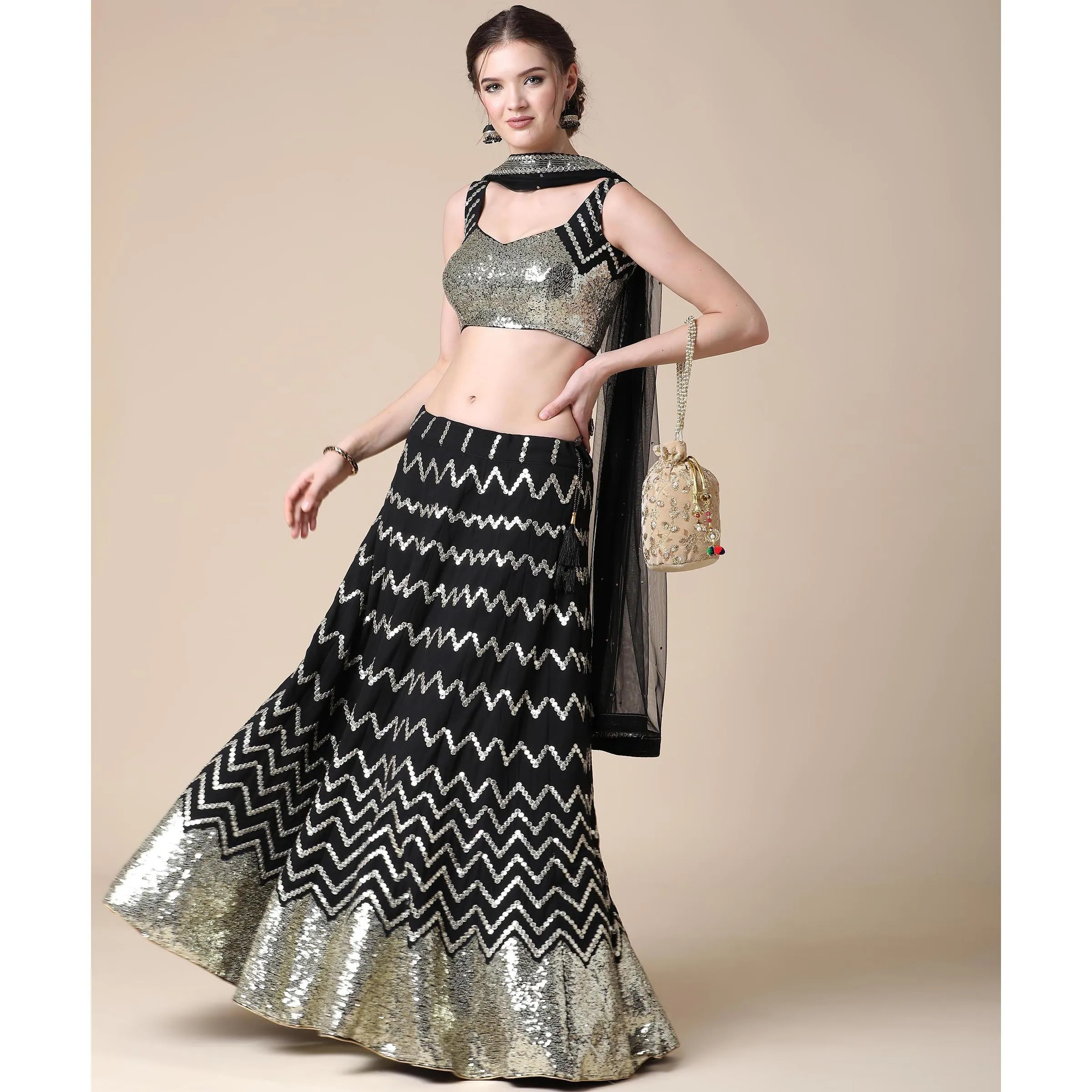 Black Partywear Sequins Embroidered Heavy Georgette Lehenga