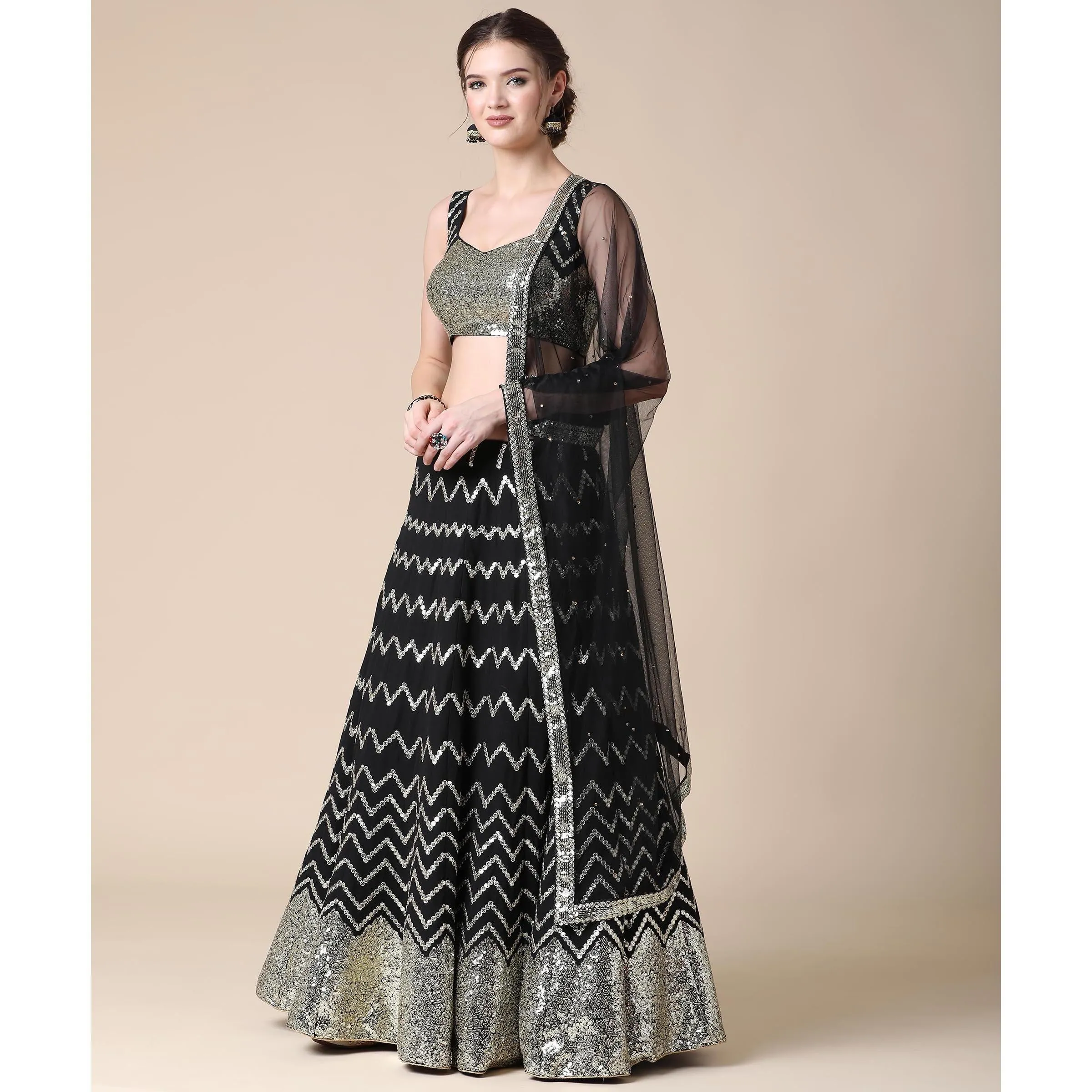 Black Partywear Sequins Embroidered Heavy Georgette Lehenga