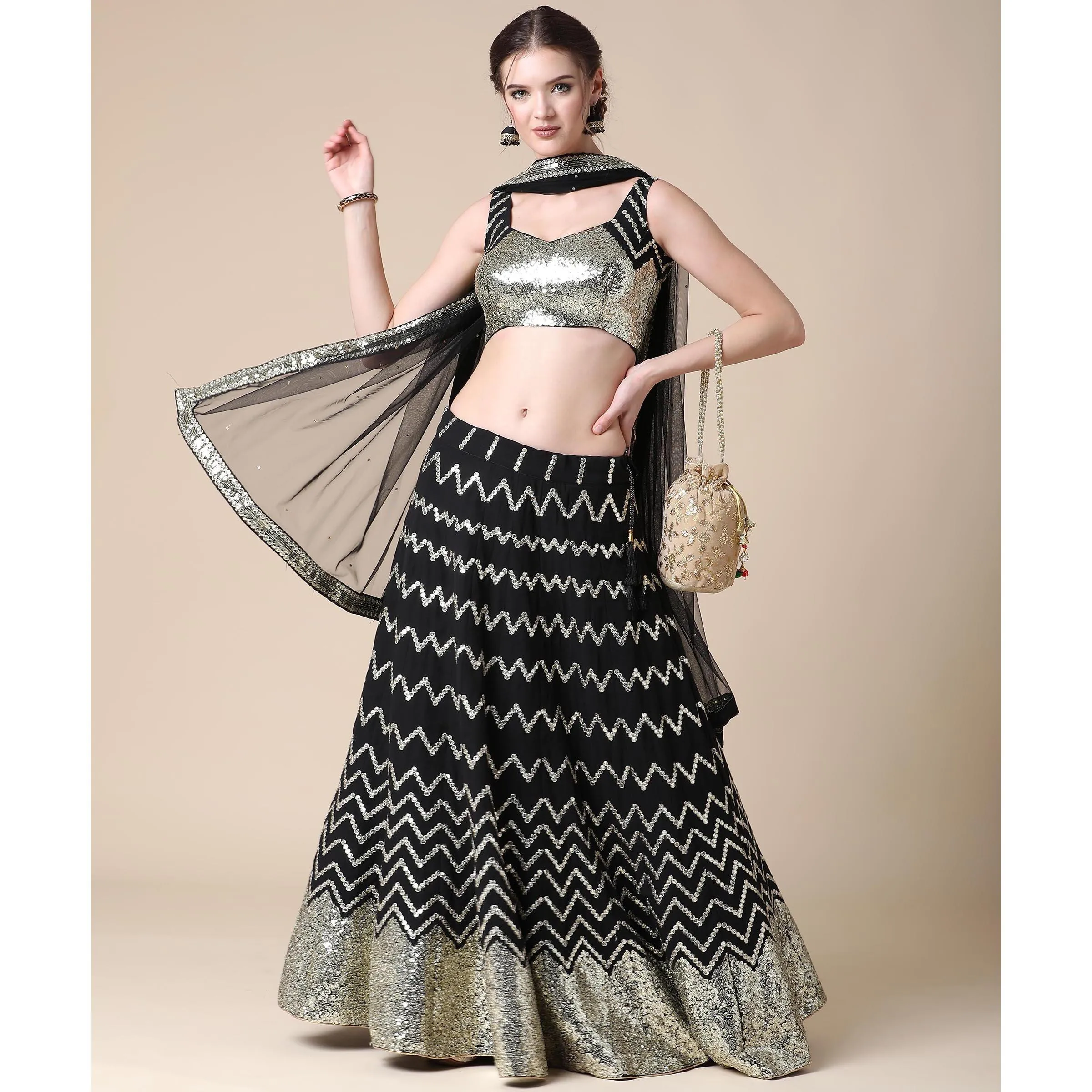 Black Partywear Sequins Embroidered Heavy Georgette Lehenga