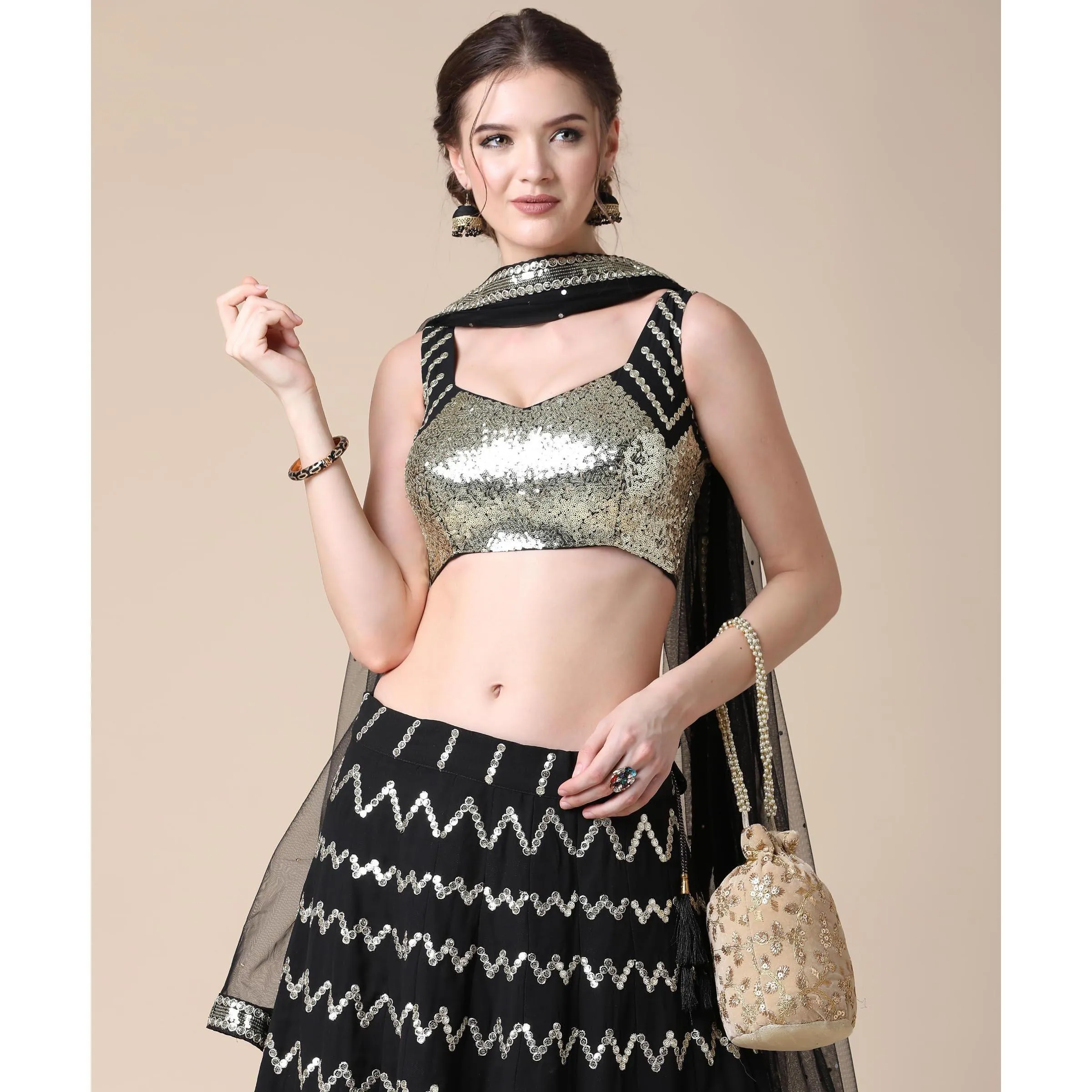 Black Partywear Sequins Embroidered Heavy Georgette Lehenga