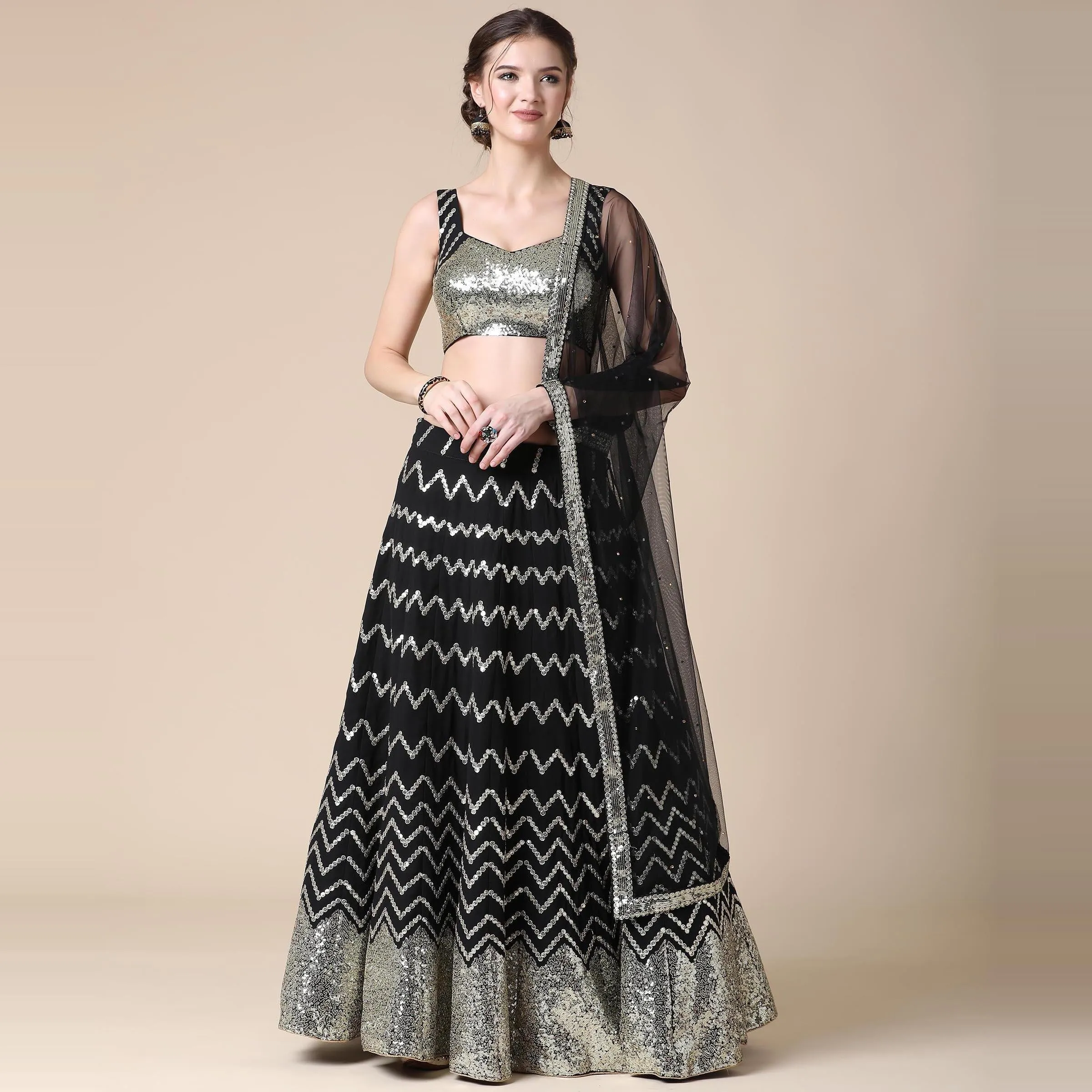Black Partywear Sequins Embroidered Heavy Georgette Lehenga
