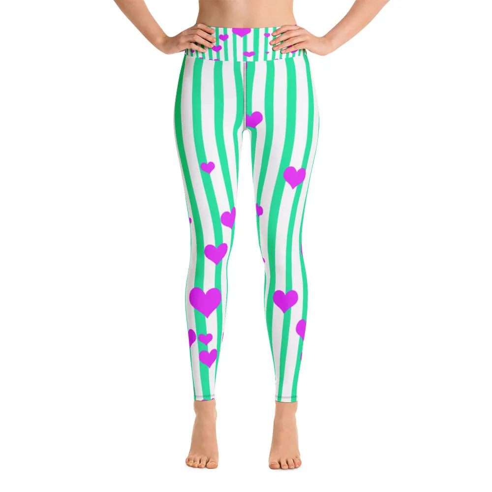 Blue Striped Women's Leggings, Pink Hearts Long Yoga & Barre Pants- Made in USA/EU