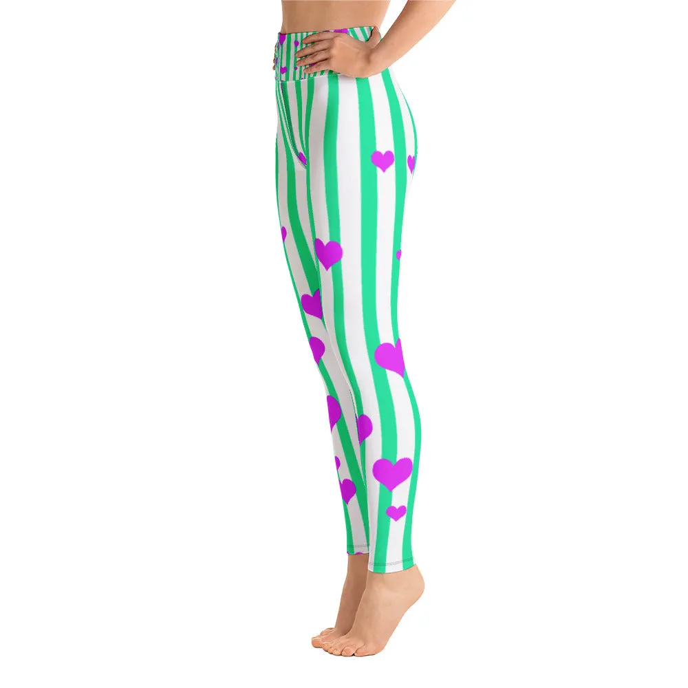 Blue Striped Women's Leggings, Pink Hearts Long Yoga & Barre Pants- Made in USA/EU