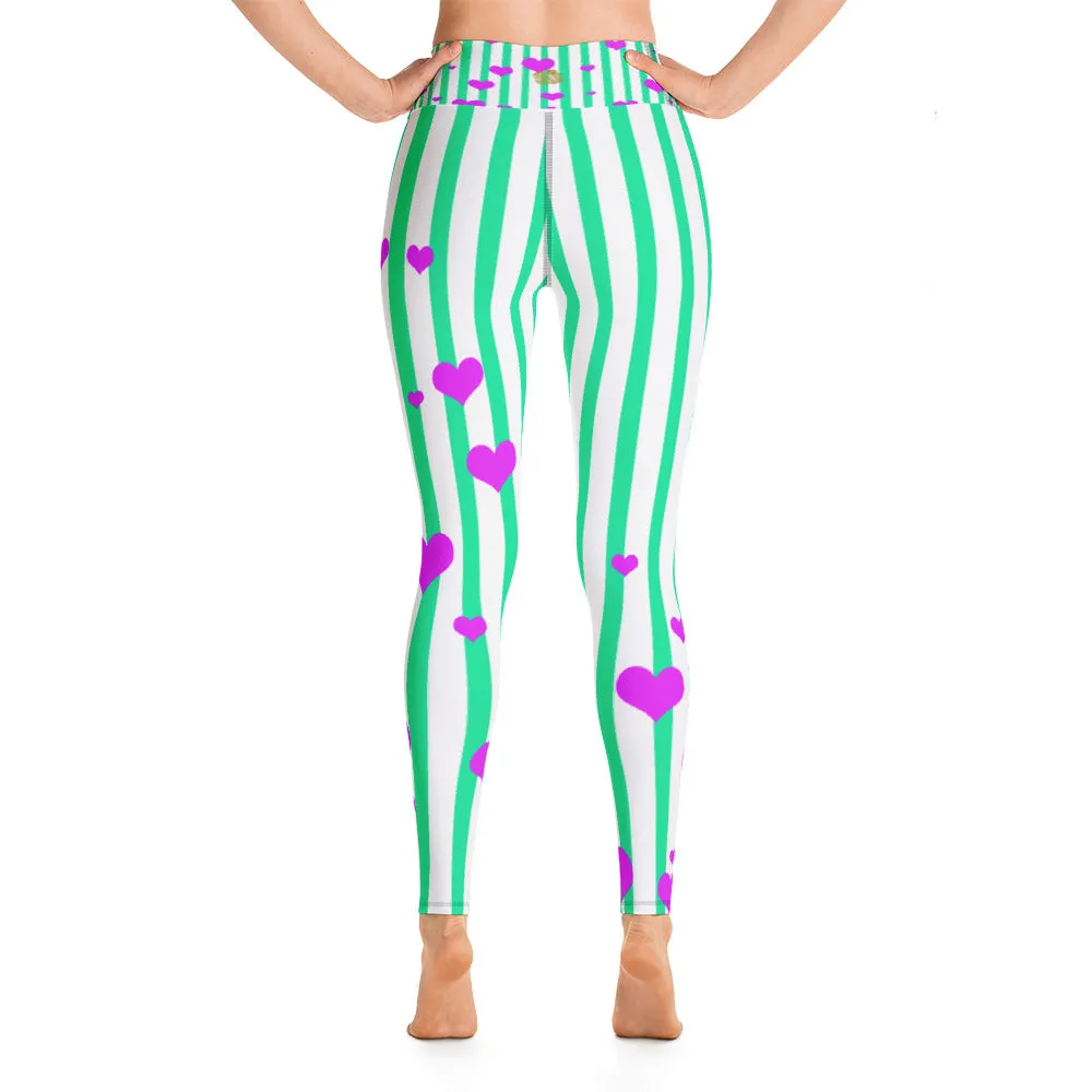 Blue Striped Women's Leggings, Pink Hearts Long Yoga & Barre Pants- Made in USA/EU