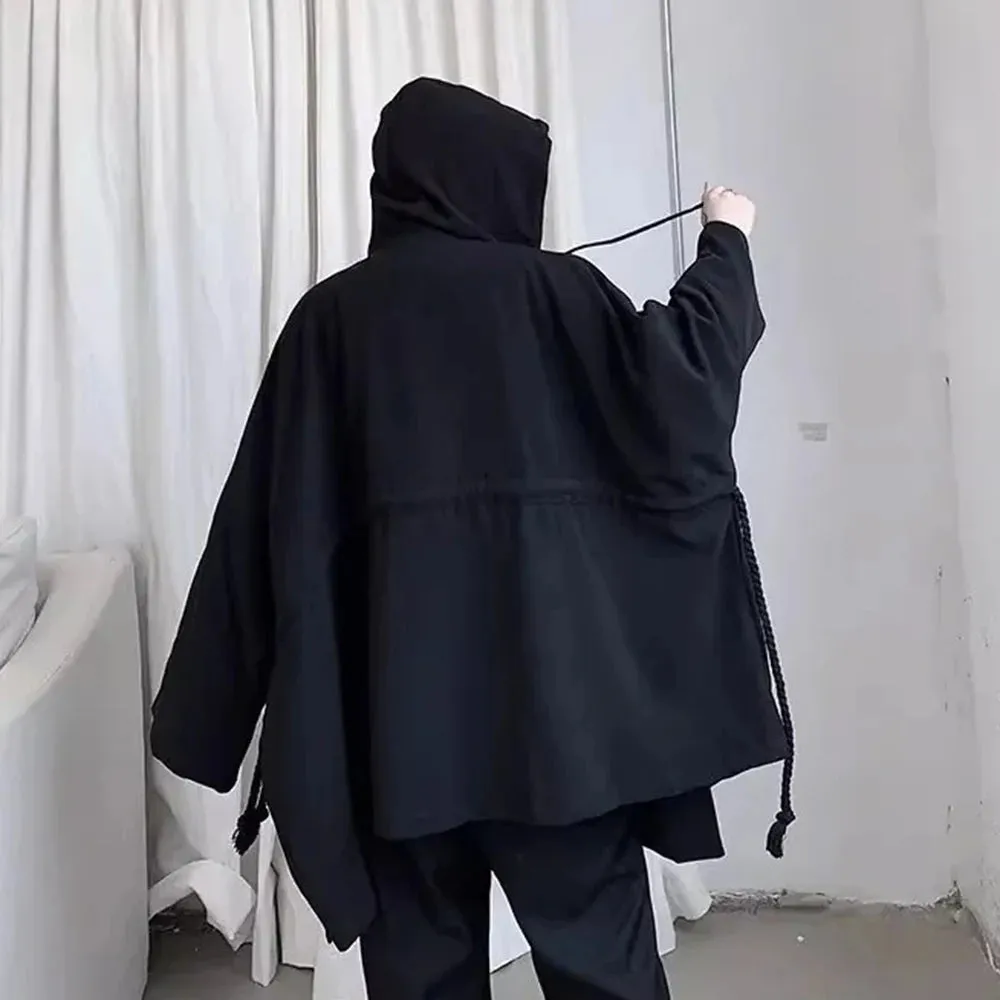 Bonsir Mens Hooded Windbreaker Dark Gothic Style Cape Sweater Streetwear Y2k Rope Decoration Personality Jacket Men'S Clothing 2024