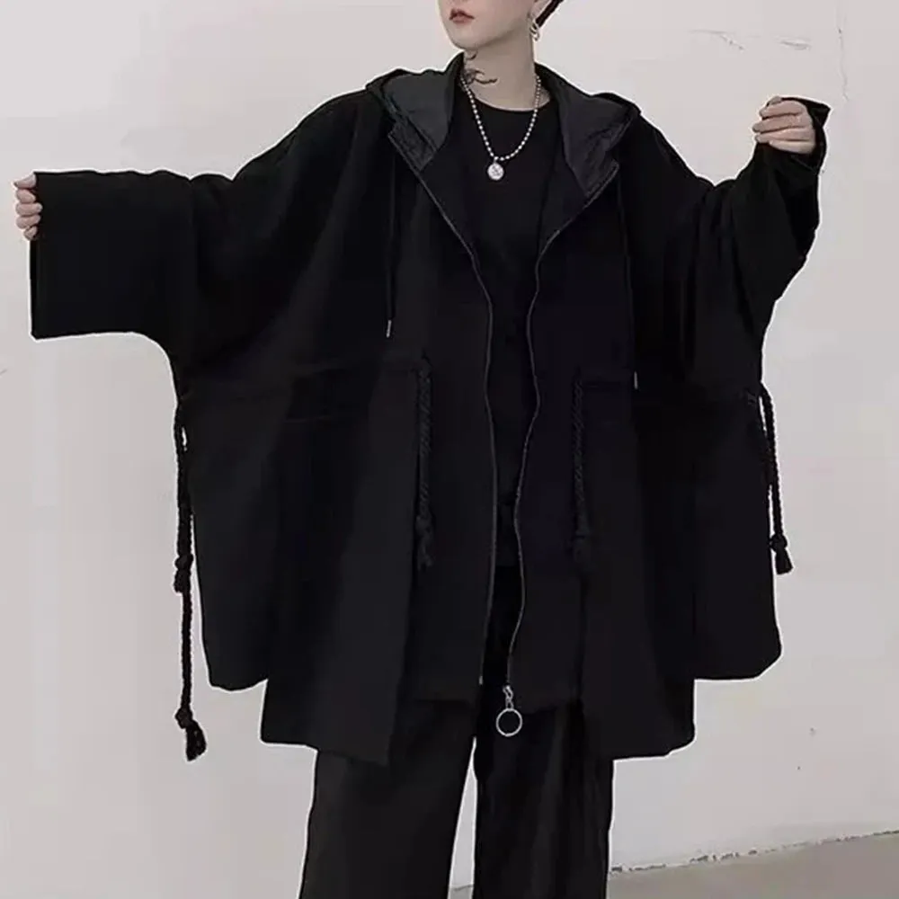 Bonsir Mens Hooded Windbreaker Dark Gothic Style Cape Sweater Streetwear Y2k Rope Decoration Personality Jacket Men'S Clothing 2024