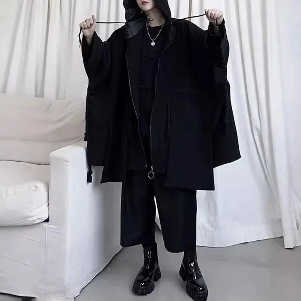 Bonsir Mens Hooded Windbreaker Dark Gothic Style Cape Sweater Streetwear Y2k Rope Decoration Personality Jacket Men'S Clothing 2024