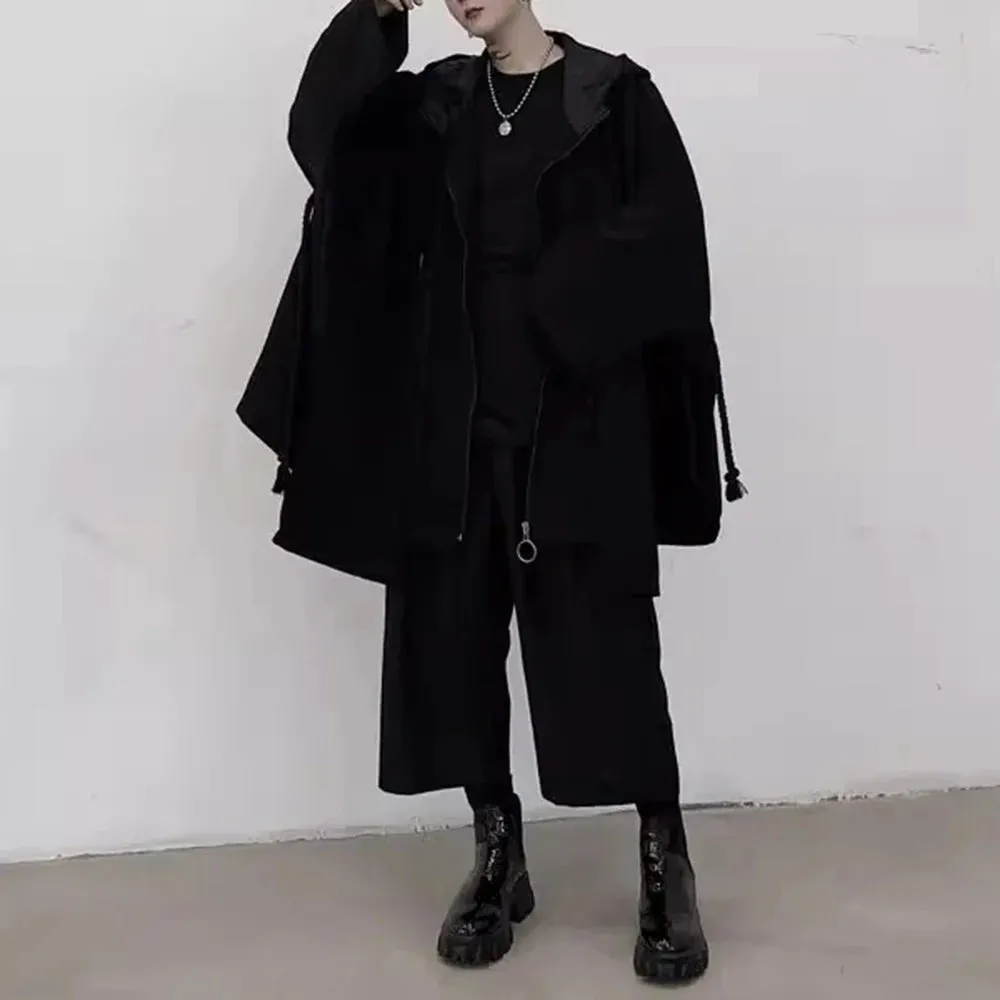 Bonsir Mens Hooded Windbreaker Dark Gothic Style Cape Sweater Streetwear Y2k Rope Decoration Personality Jacket Men'S Clothing 2024