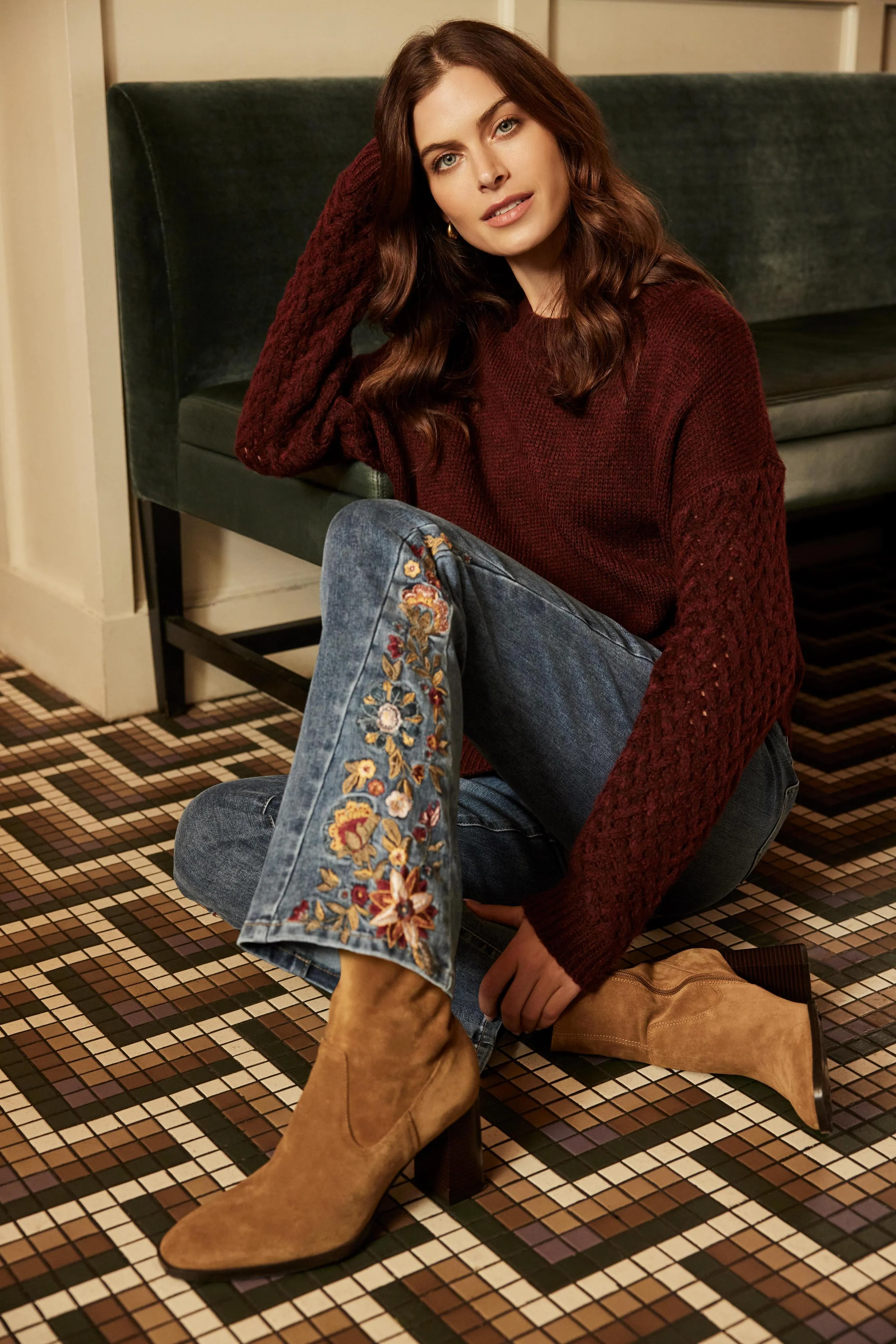 Bootcut Jeans with Floral Embroidery