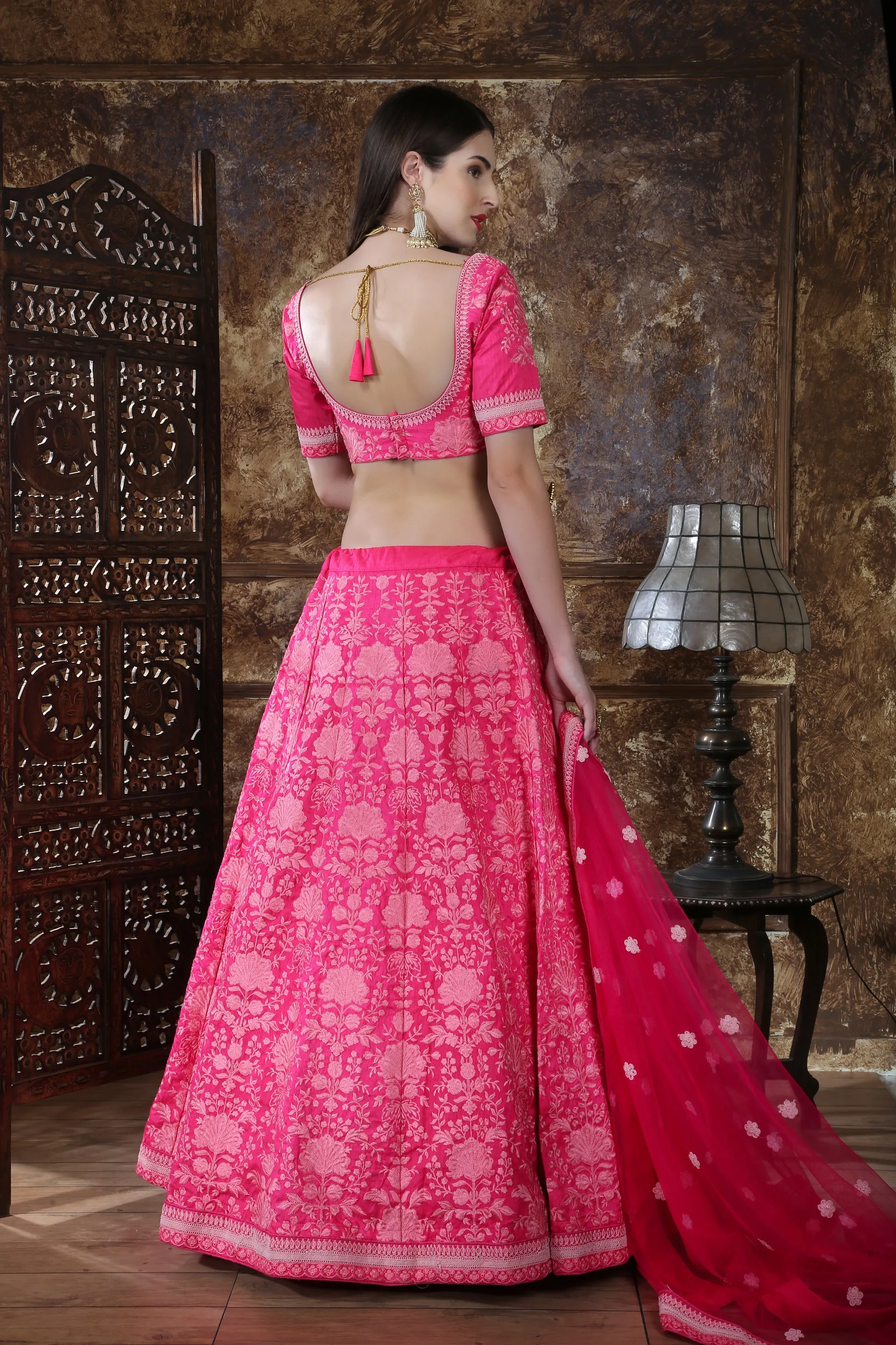 Bright Pink Silk Thread and Sequence Embroidered Lehenga Choli