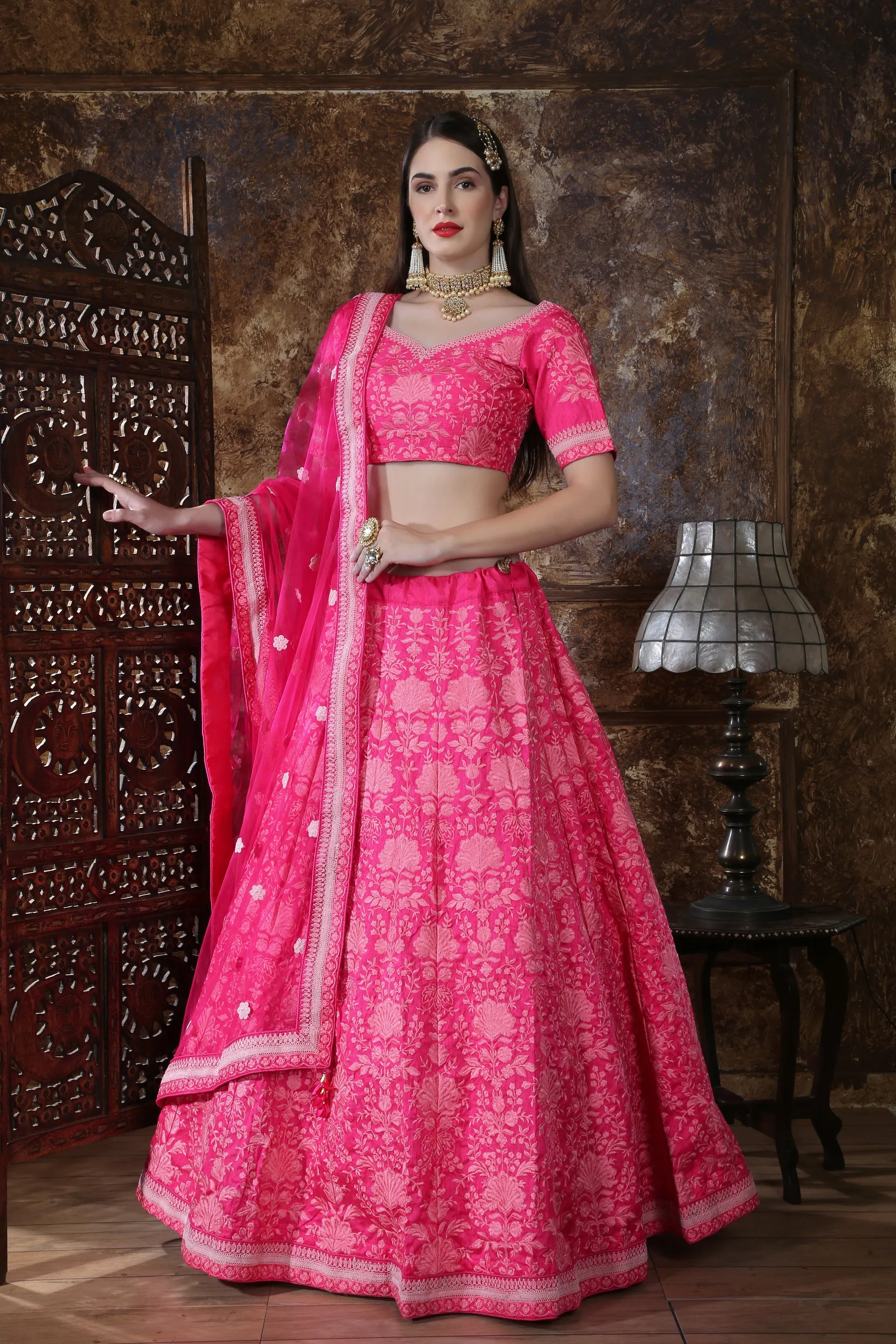 Bright Pink Silk Thread and Sequence Embroidered Lehenga Choli