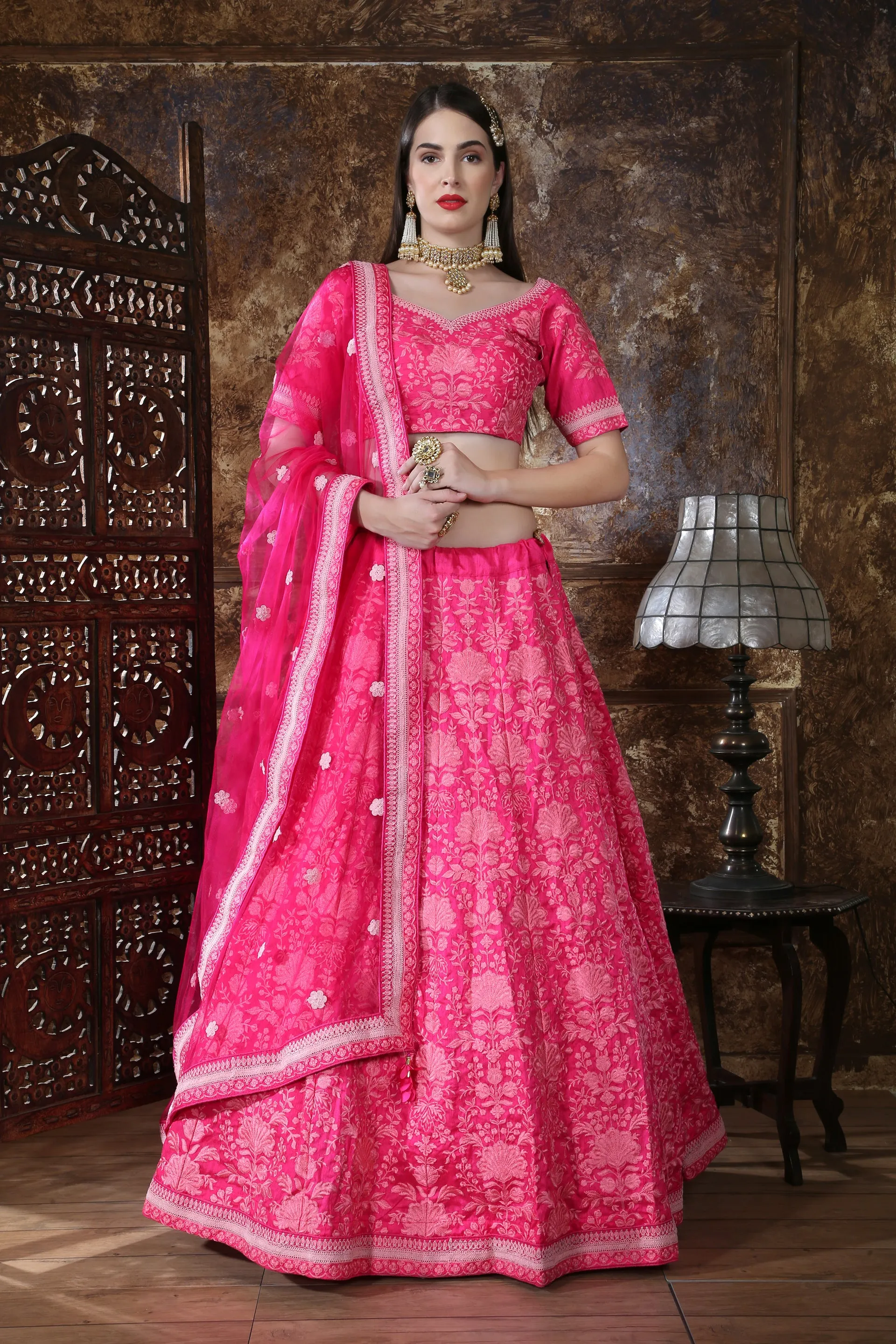 Bright Pink Silk Thread and Sequence Embroidered Lehenga Choli