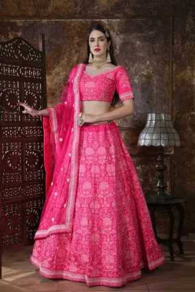Bright Pink Silk Thread and Sequence Embroidered Lehenga Choli