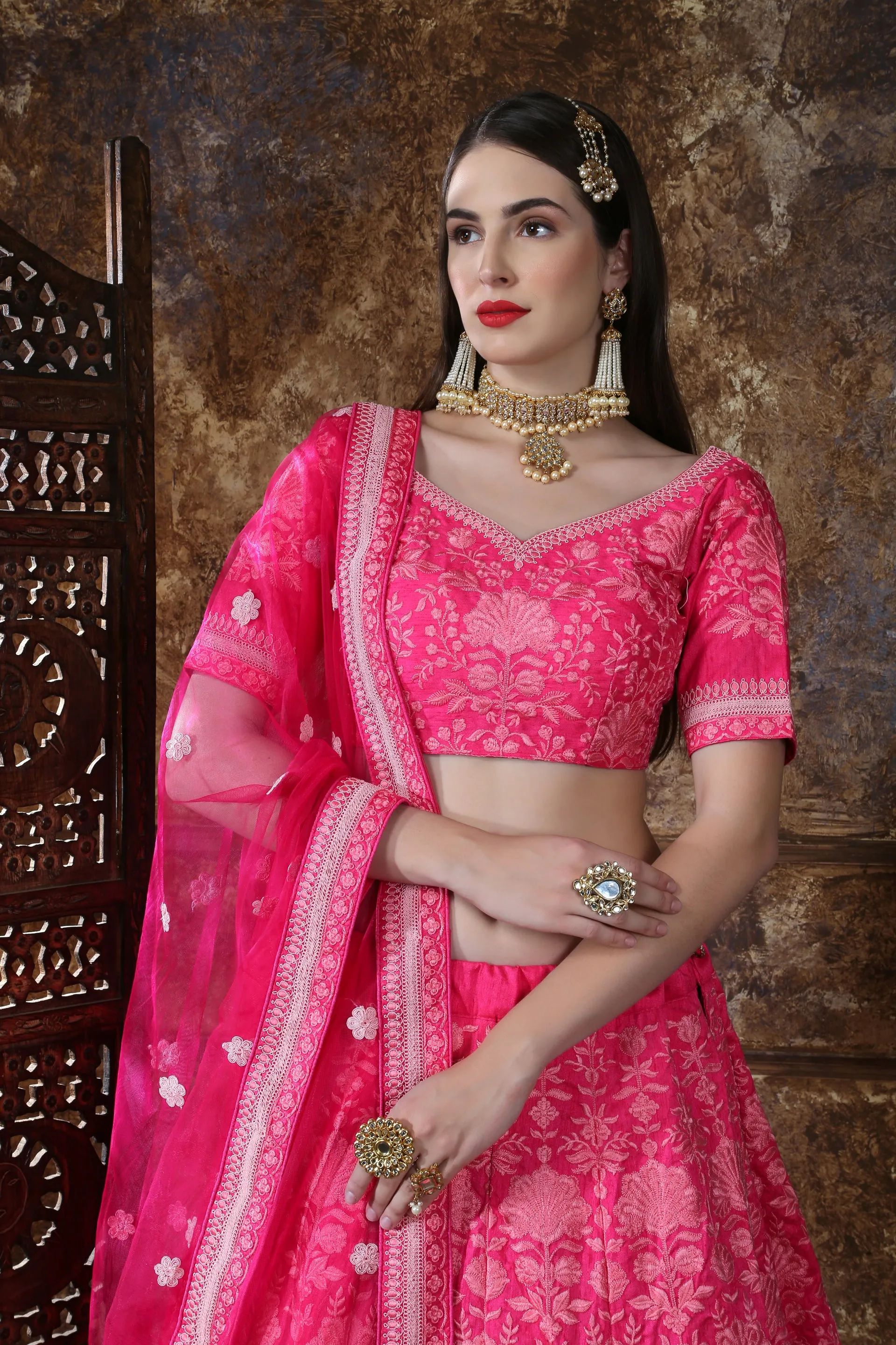 Bright Pink Silk Thread and Sequence Embroidered Lehenga Choli