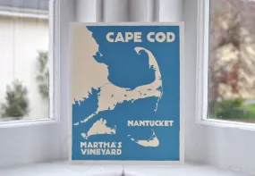 Cape Cod, Martha's Vineyard, Nantucket Map Art Print 8" x 10" Travel Poster By Alan Claude - Massachusetts