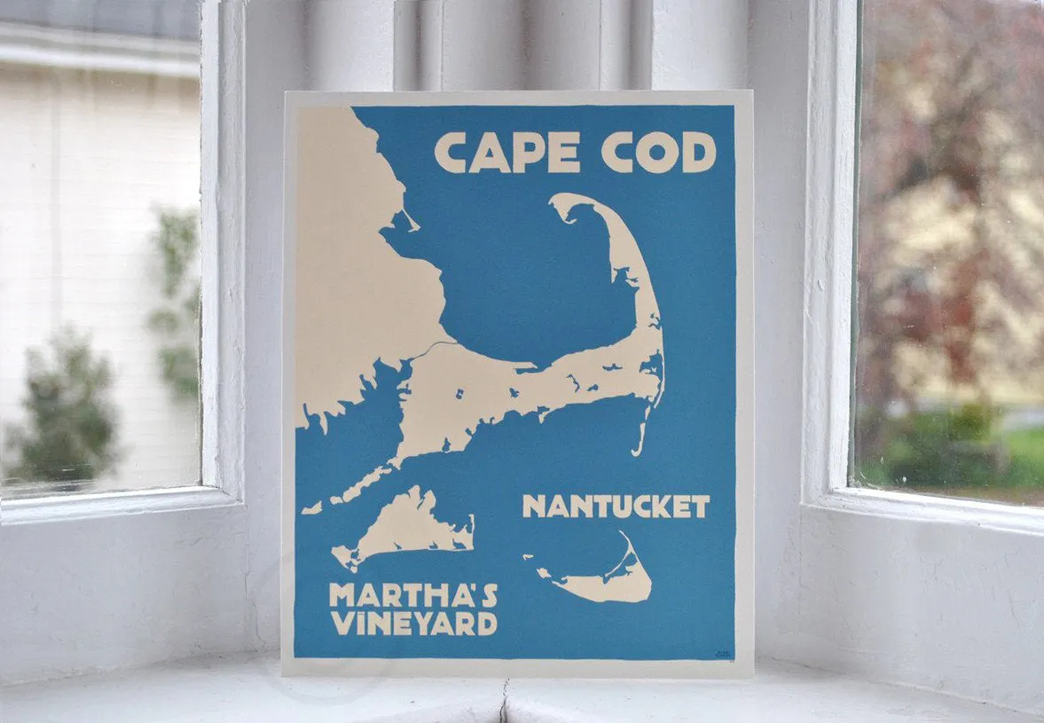 Cape Cod, Martha's Vineyard, Nantucket Map Art Print 8" x 10" Travel Poster By Alan Claude - Massachusetts