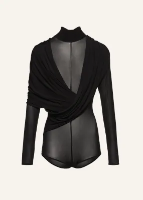 Cape-effect sheer bodysuit in black