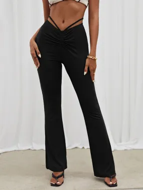Casual Plain Tie Back Natural Long Women Pants