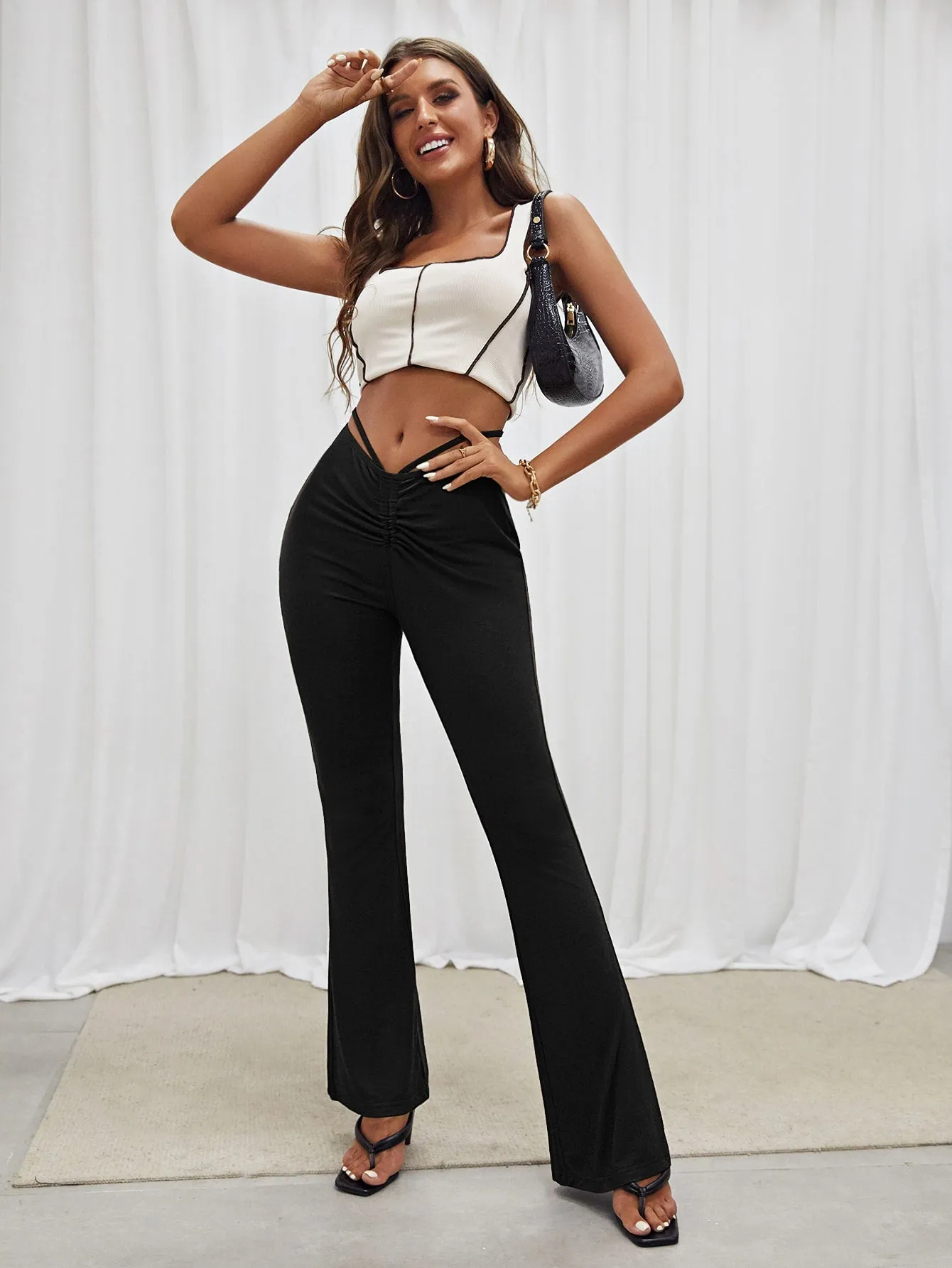 Casual Plain Tie Back Natural Long Women Pants