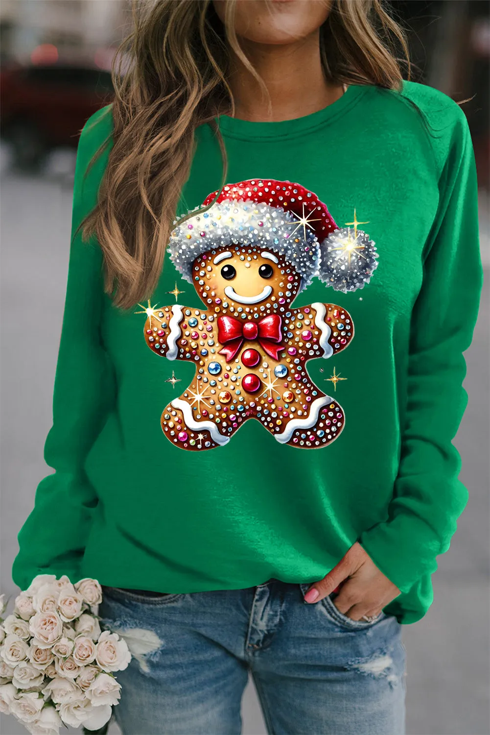 Christmas Ribbed Crew Neck Bear Christmas Hat Pullover Sweatshirt