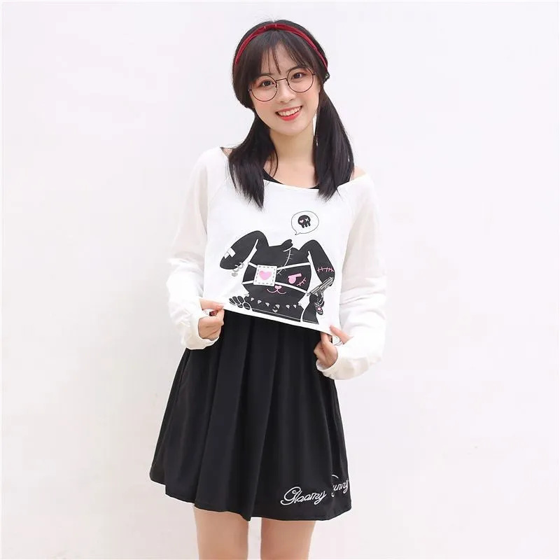 Comic Cartoon Bunny Two Piece Set - Cute and Cozy Mini Dress and Sweatshirt Duo! 🐰👗